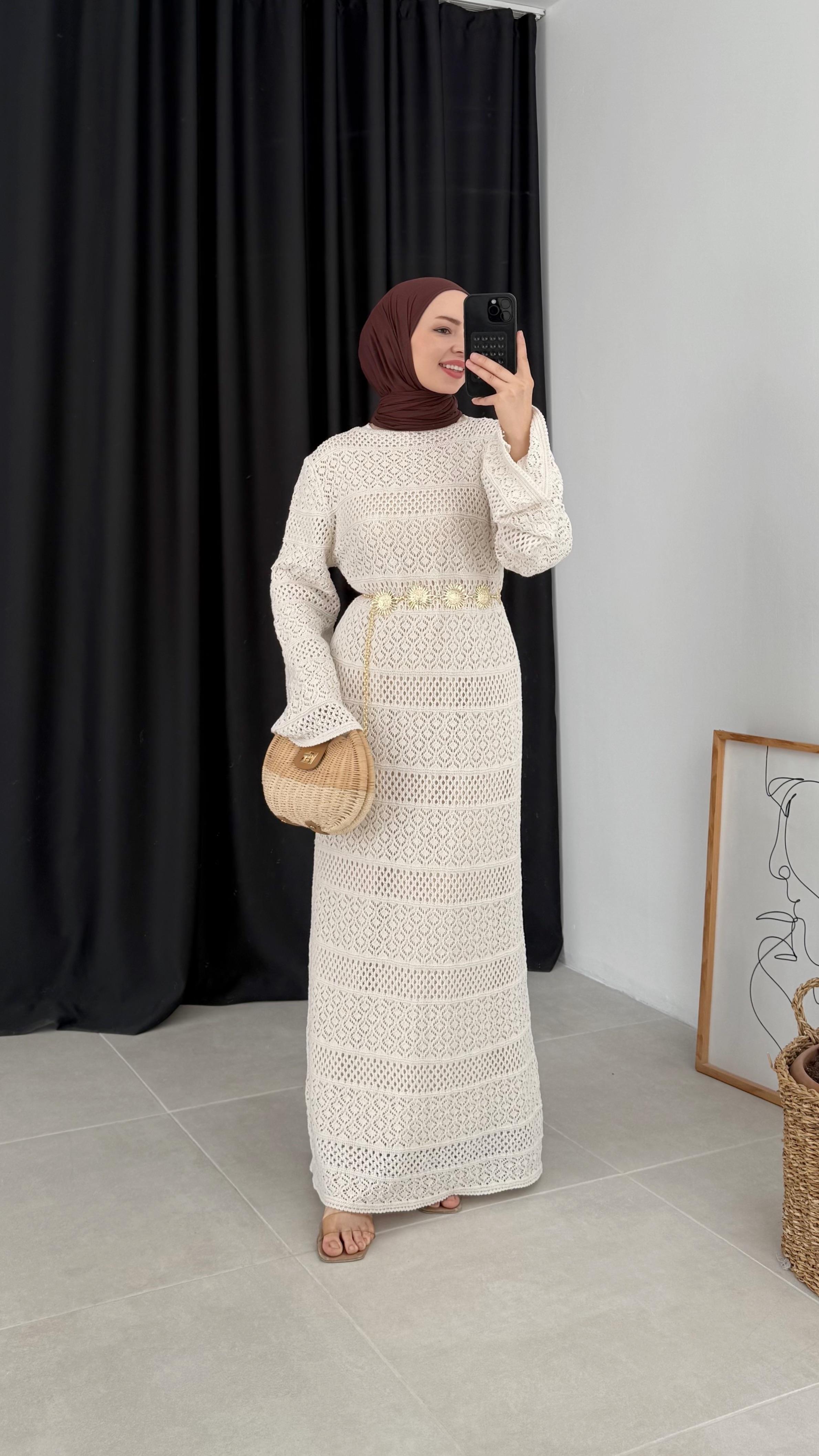 Tesel Hm Ajurlu Premıum Bej Elbise 