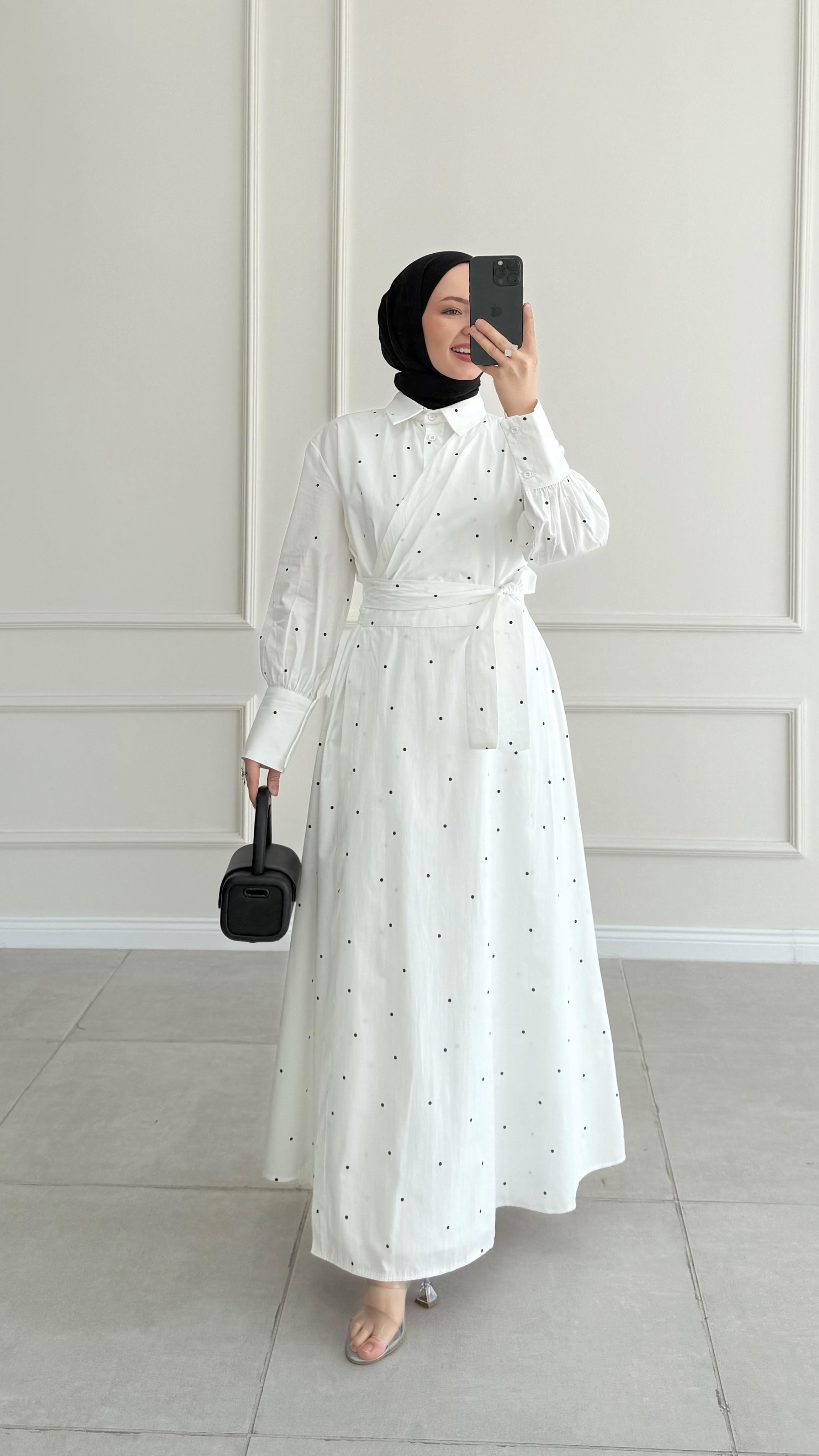 Tolera Puantiye Beyaz Elbise