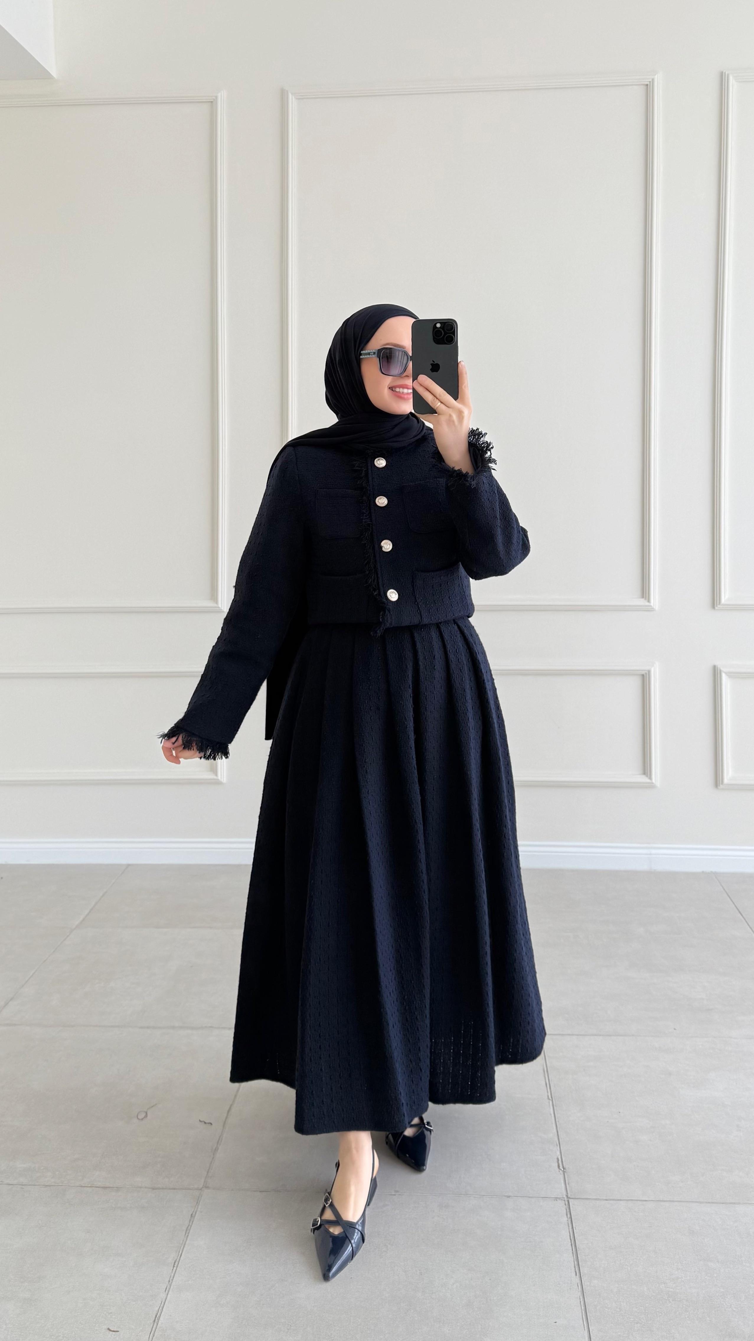 Tweed Saçaklı Lacivert Tüvit Takım 