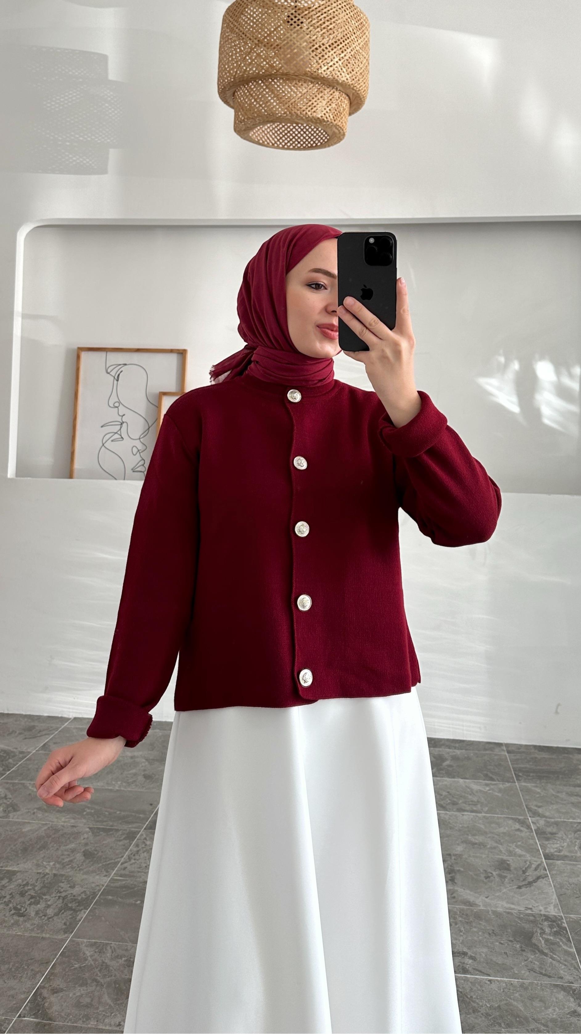 Ursula Zara Model Düz Bordo Kısa Gümüş Düğme Triko Hırka