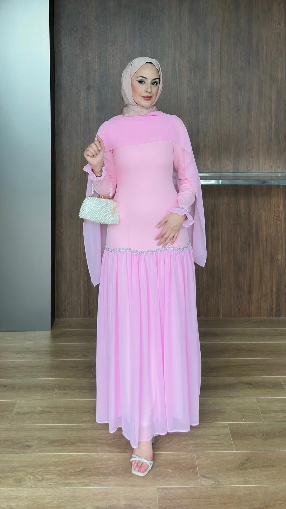 Viola Şifon Detaylı Pembe Abiye