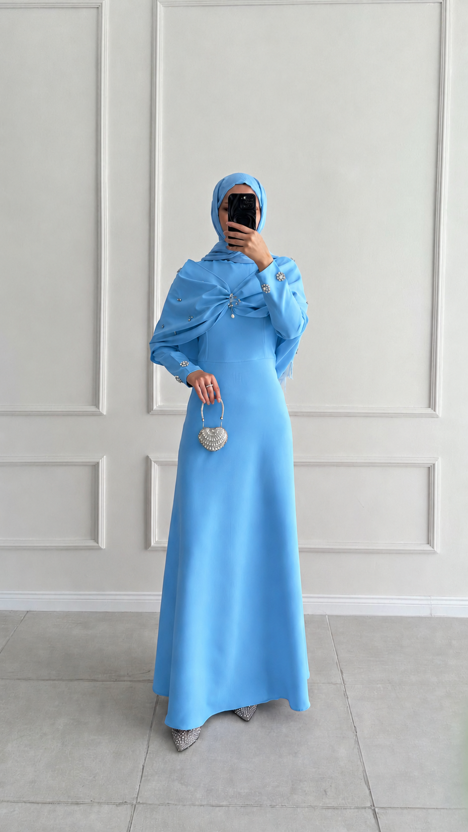 Viole Broş Detaylı Mavi Abiye