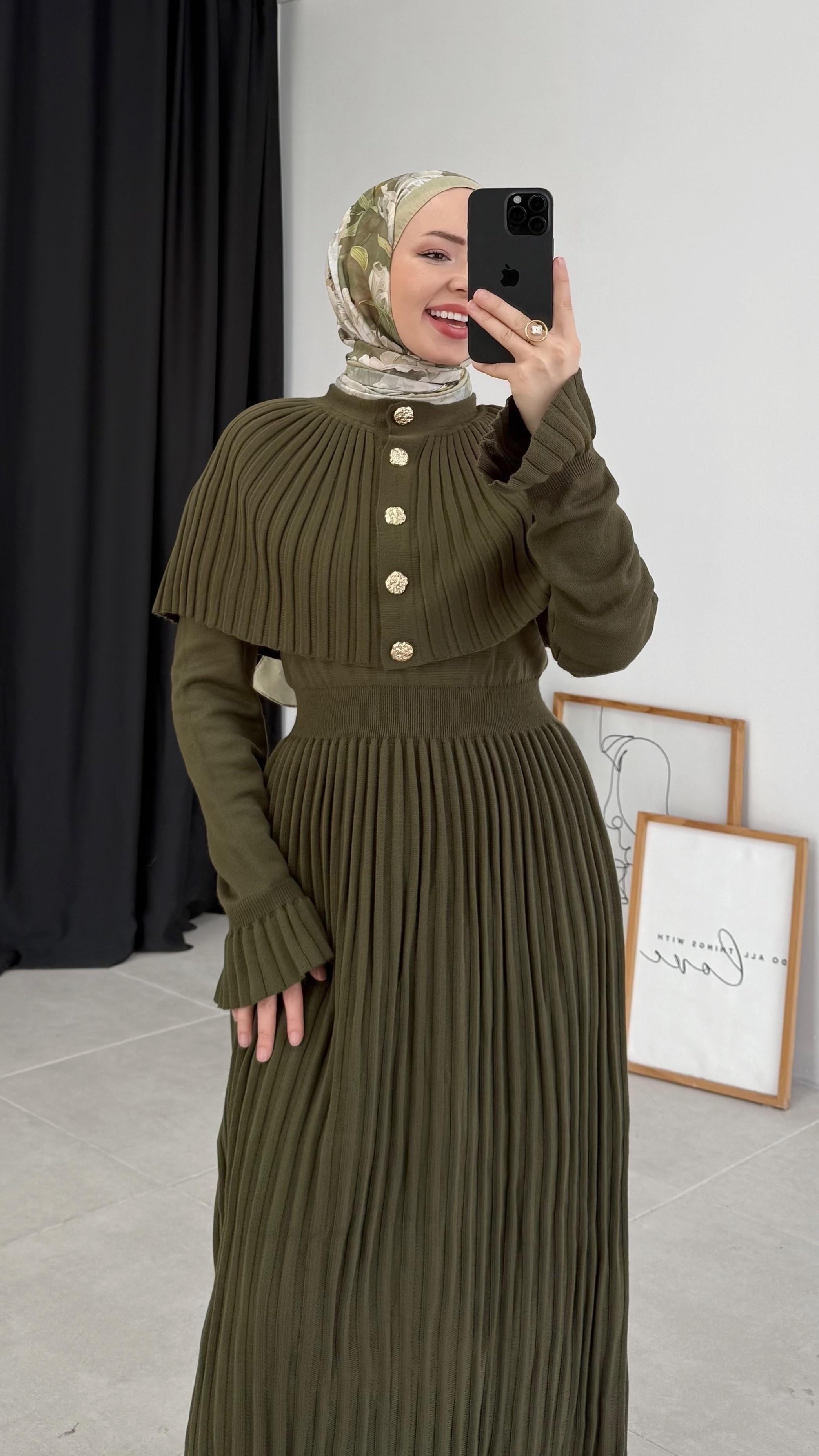 Wahon Pelerin Yelekli Haki Triko Elbise 