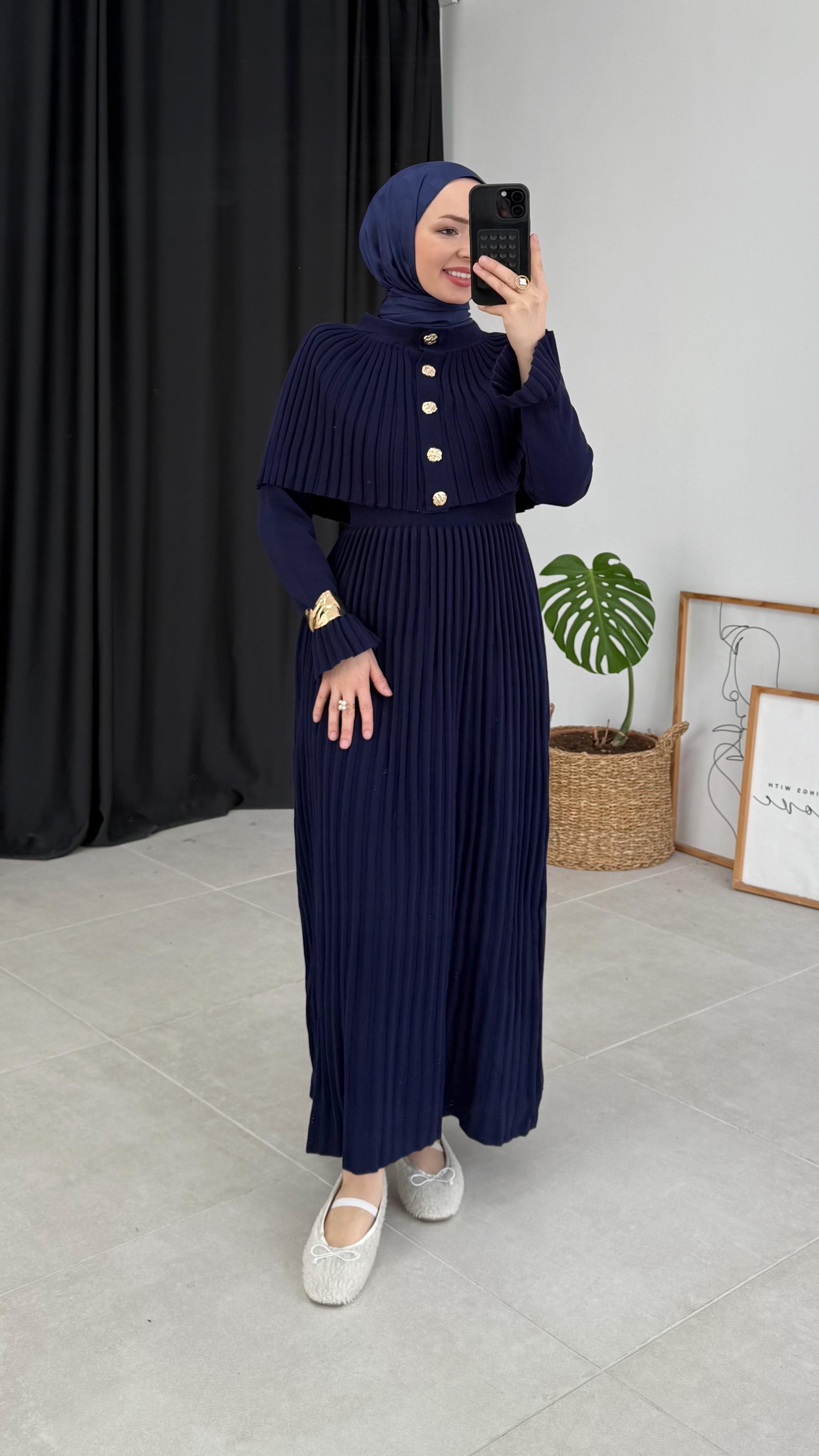 Wahon Pelerin Yelekli Lacivert Triko Elbise 