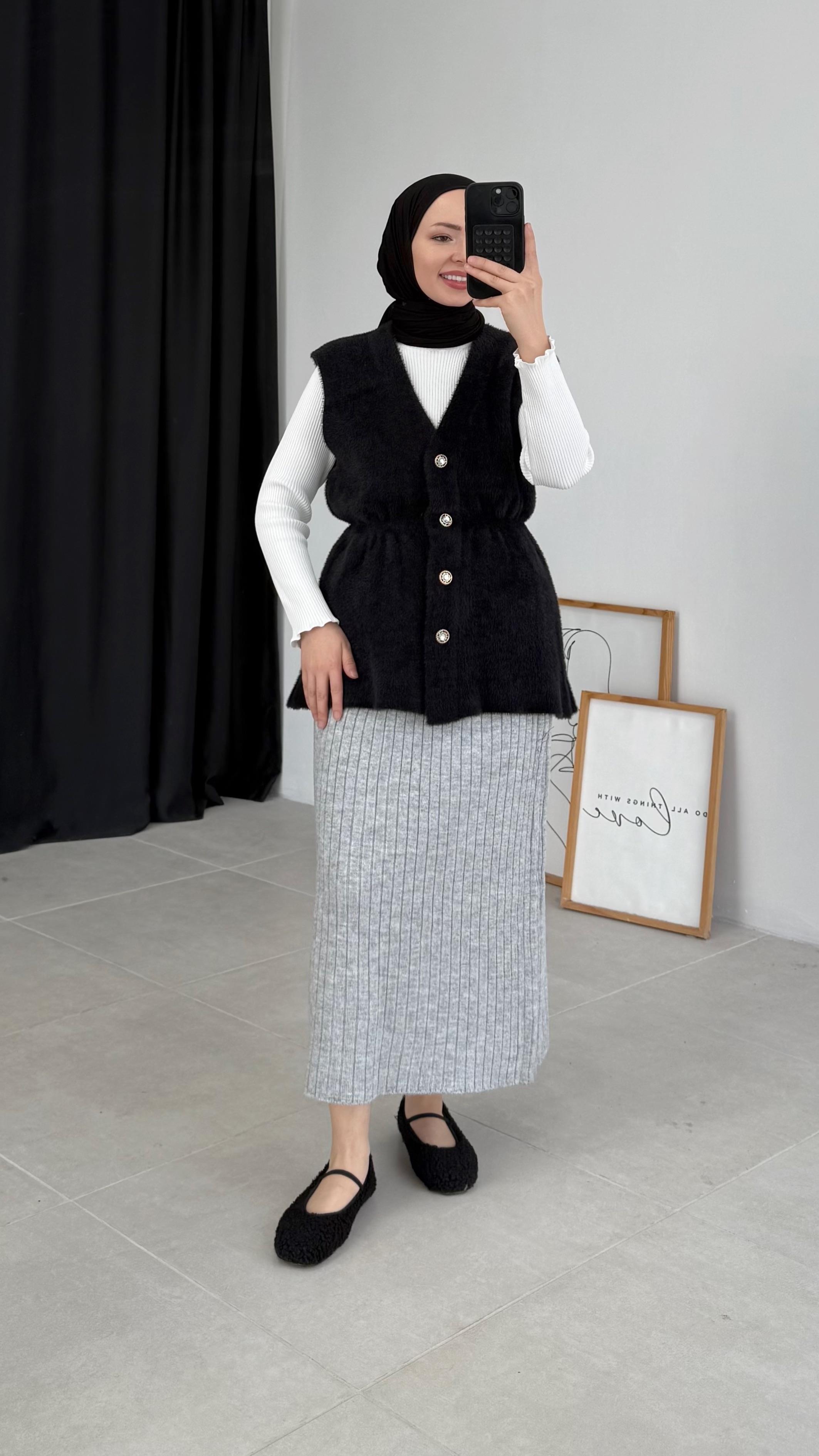 Wanol Triko Fitilli Gri Etek