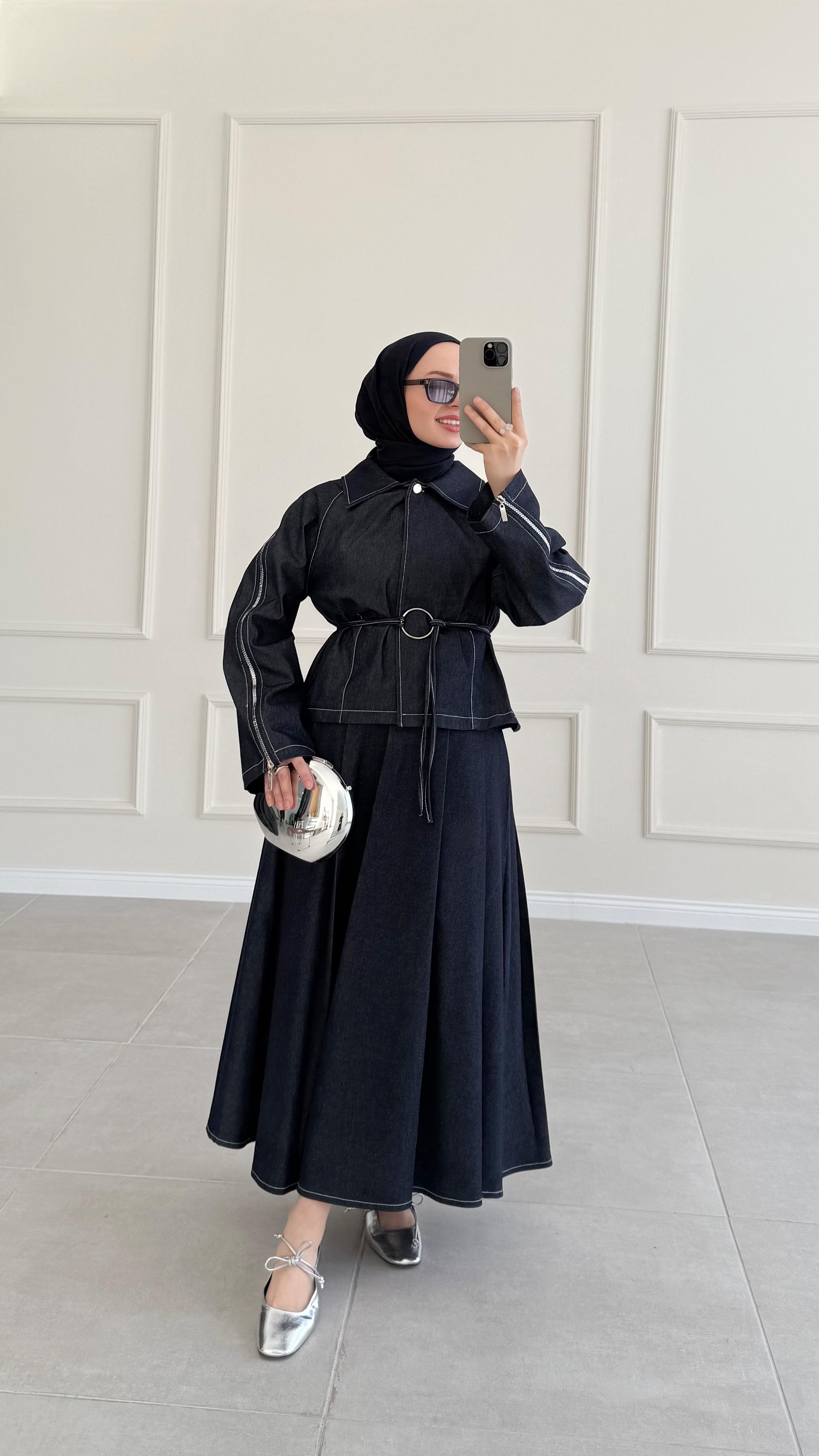 Wundo Lacivert Denim Etek Takım