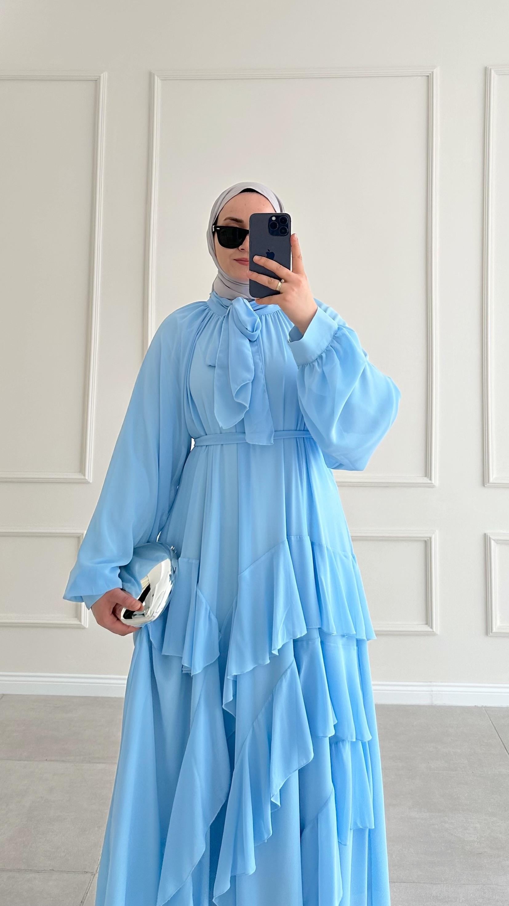 Yadel Reglan Kollu Eteği Kat Volanlı Mavi Şifon Elbise