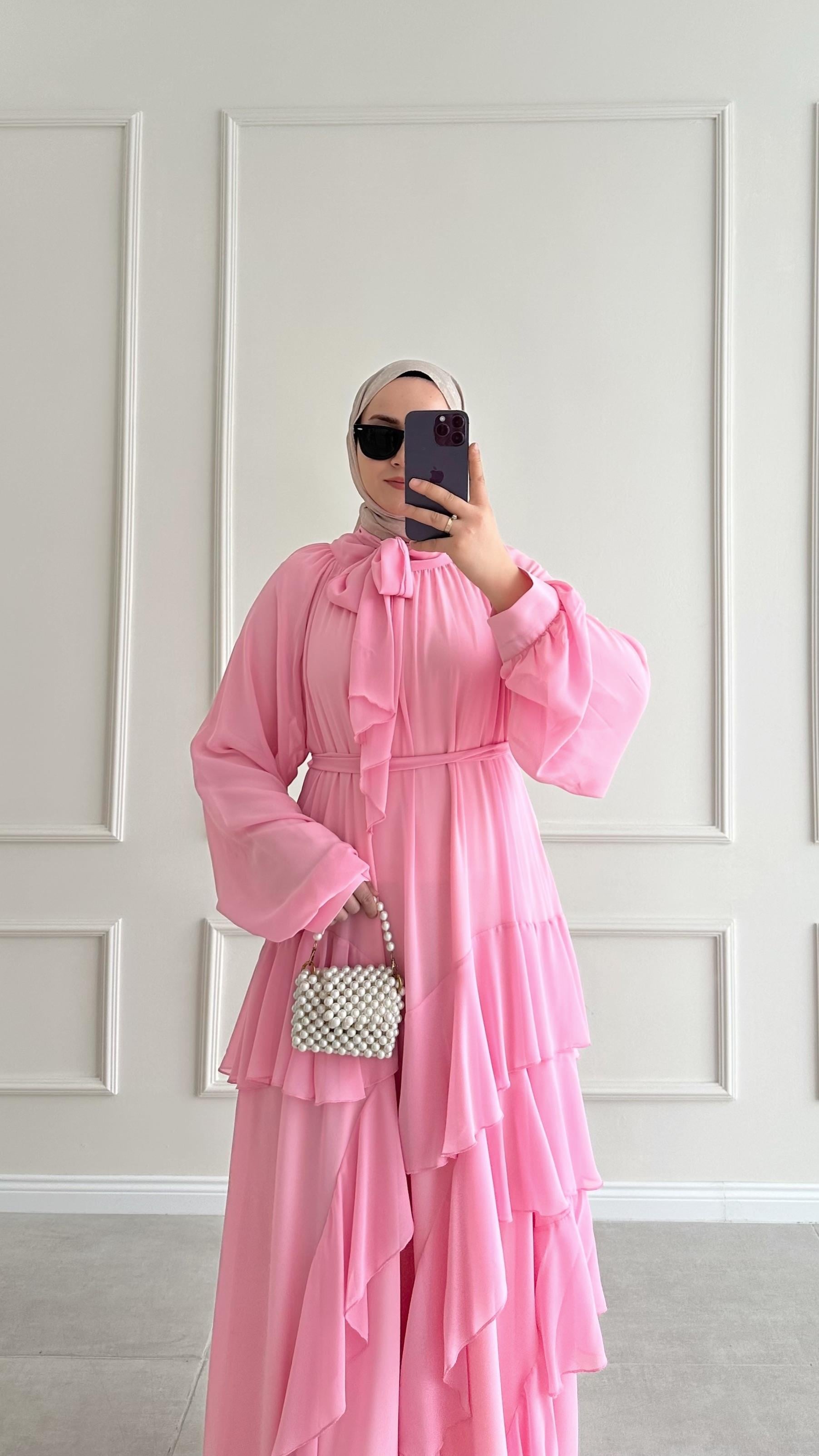 Yadel Reglan Kollu Eteği Kat Volanlı Pembe Şifon Elbise