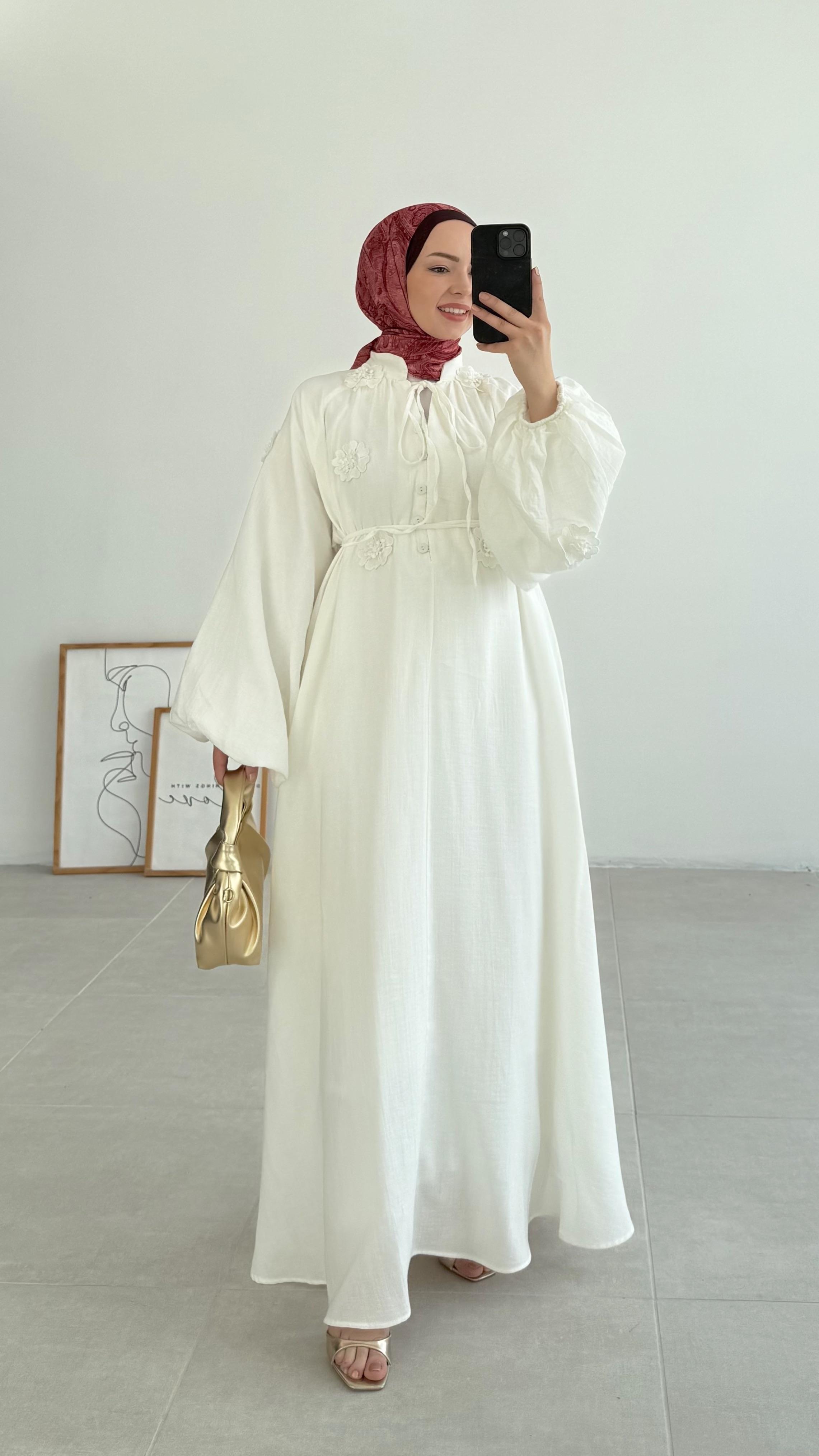 Yanel Çiçekli Premıum Beyaz Elbise