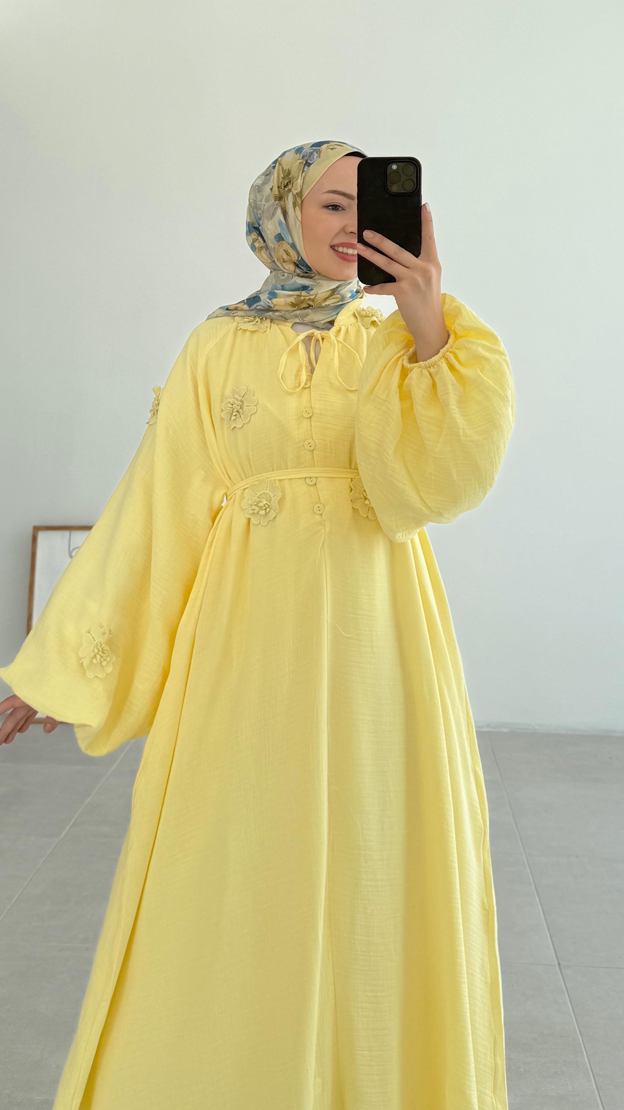 Yanel Çiçekli Premıum Sarı Elbise