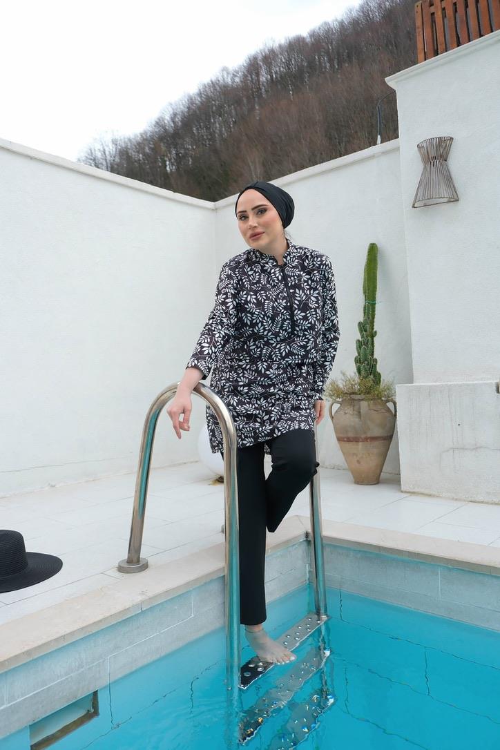 Yaprak Desen Tesettür Mayo Siyah