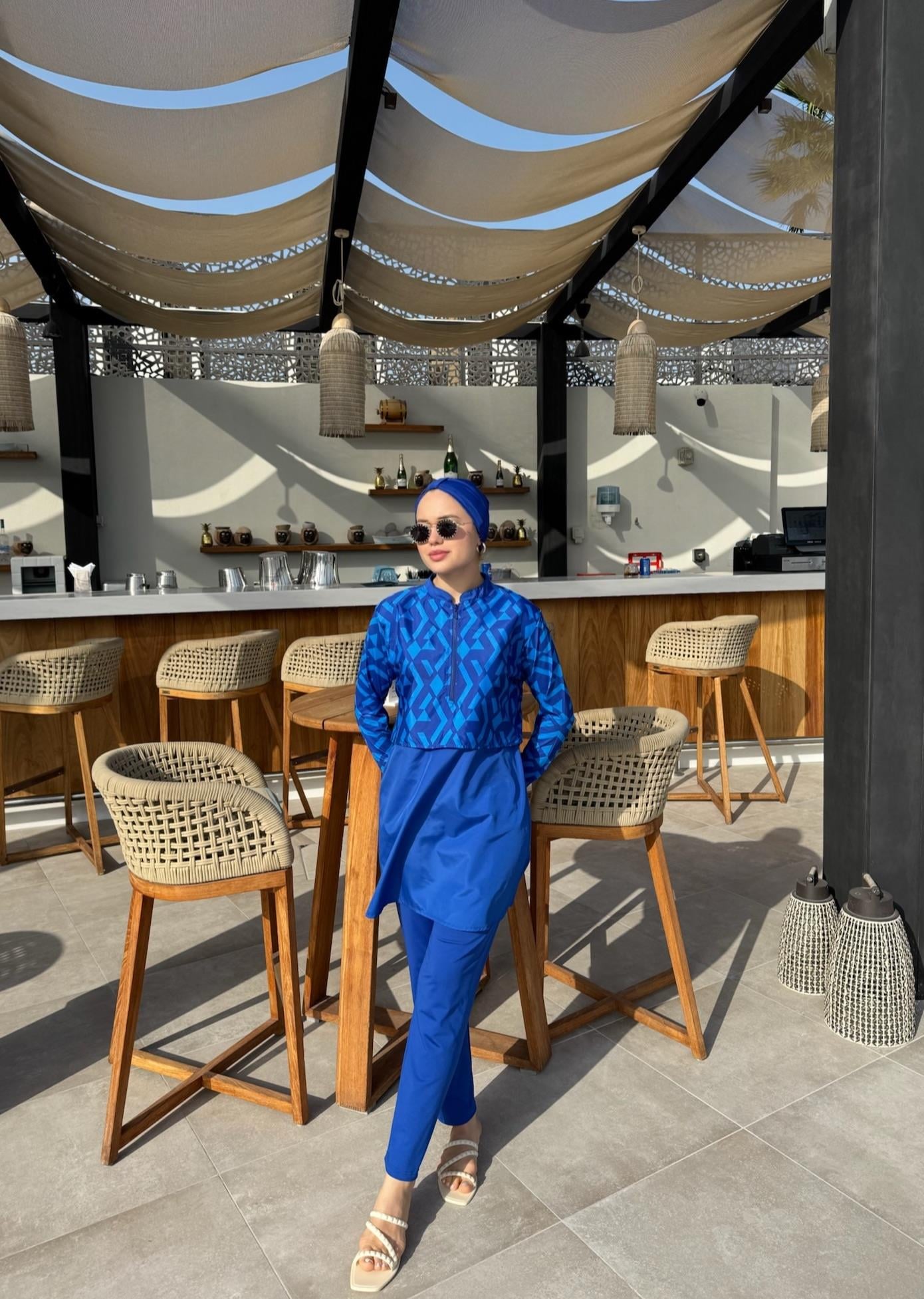 Yarım Saks Çizgili Dijital Baskılı Tesettür Mayo