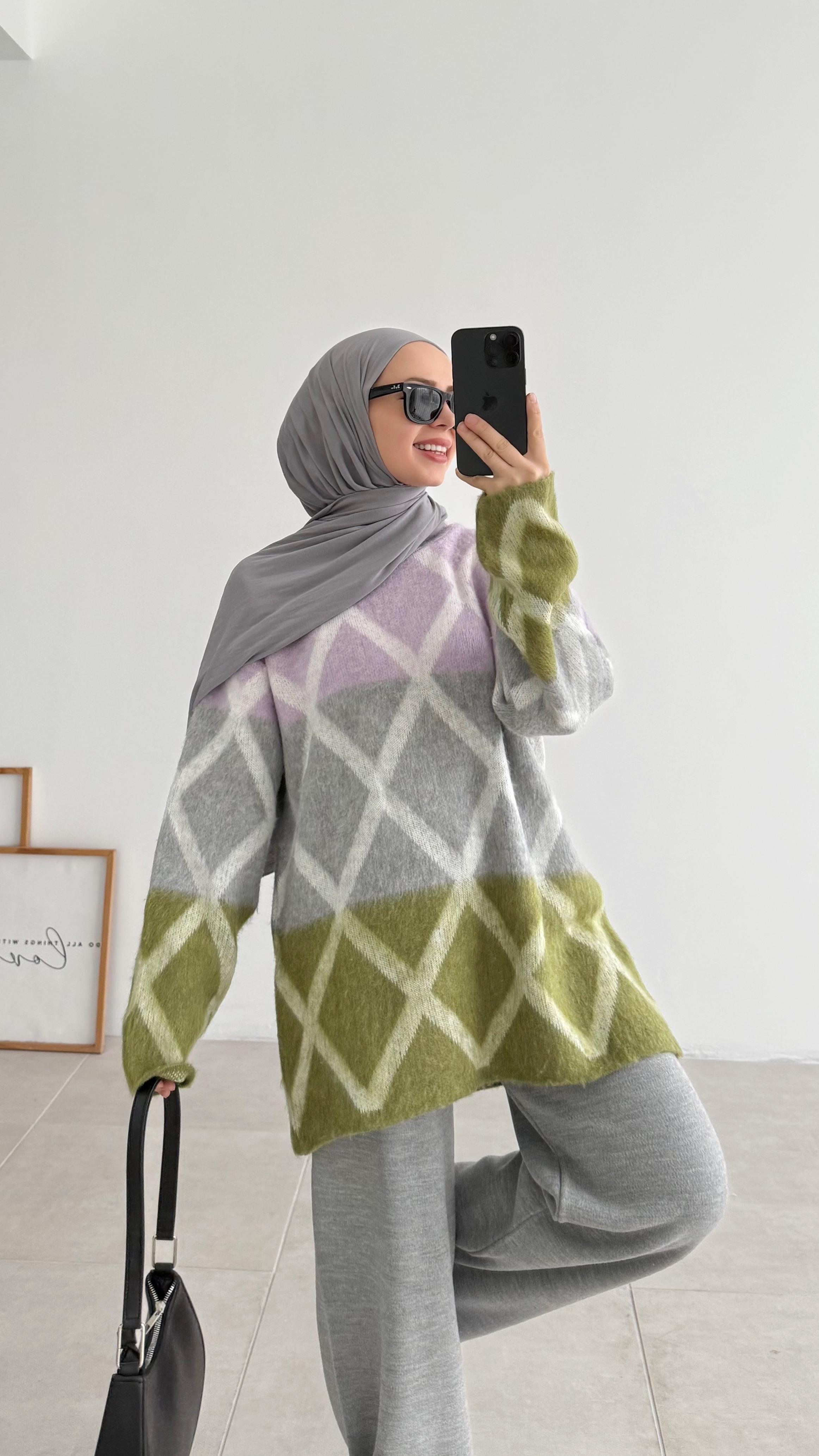 Zante Baklava Desen Mor Triko Kazak