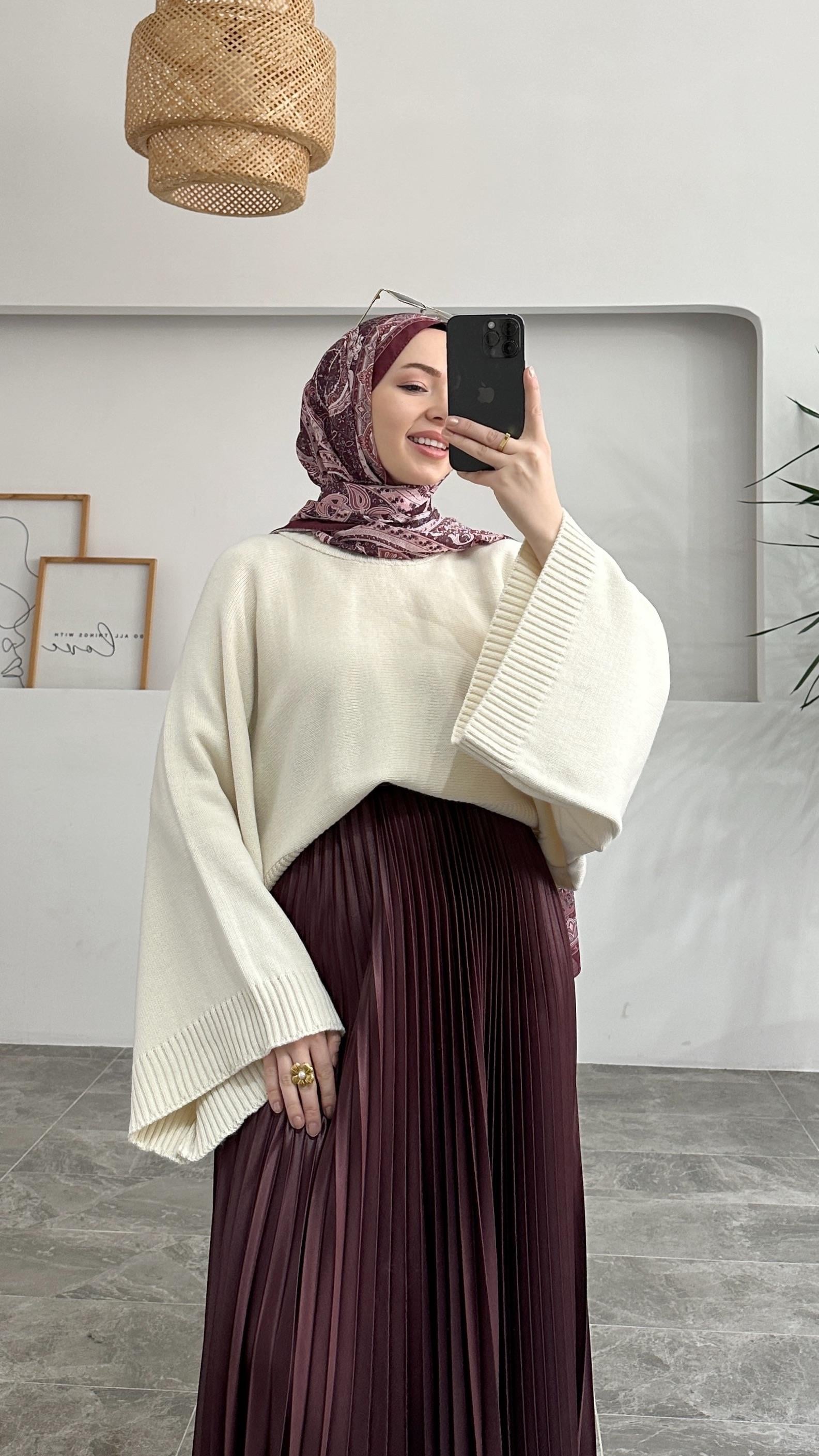 ZR Geniş Kol Krem Oversize Triko Kazak