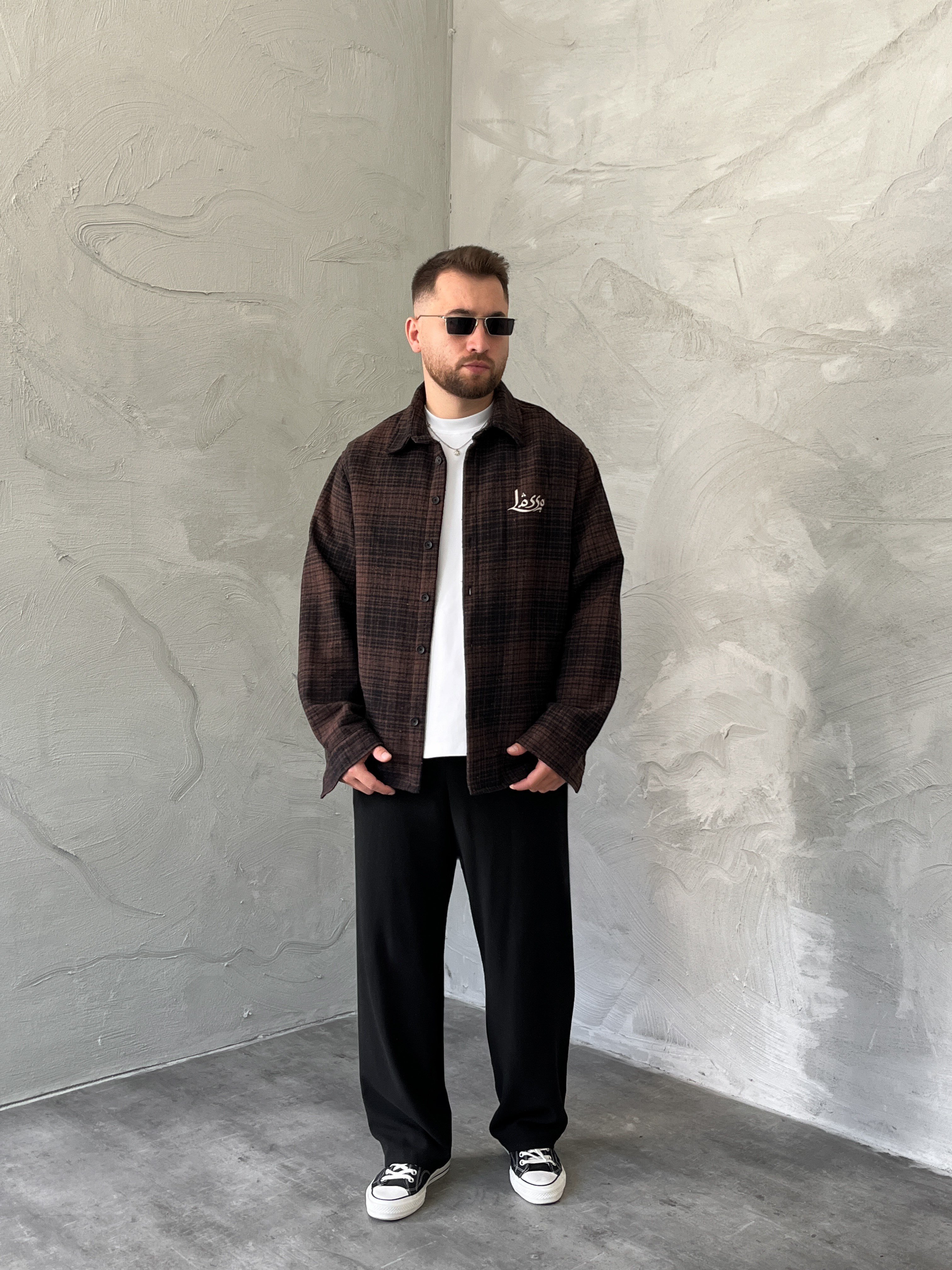 Acı Kahve Baskılı Oversize Ekose Gömlek