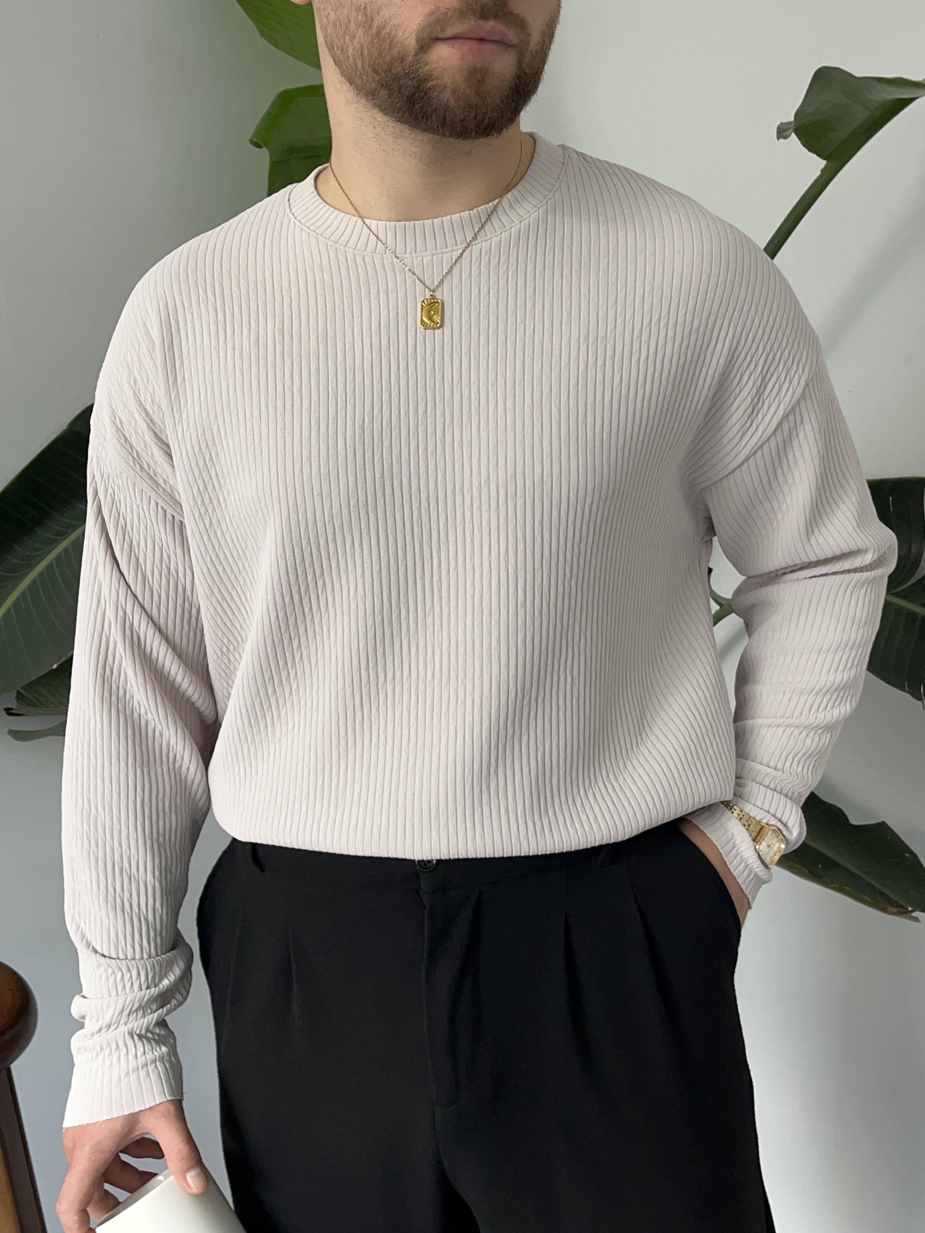 Açık Gri Fitilli Bisiklet Yaka Triko Sweat