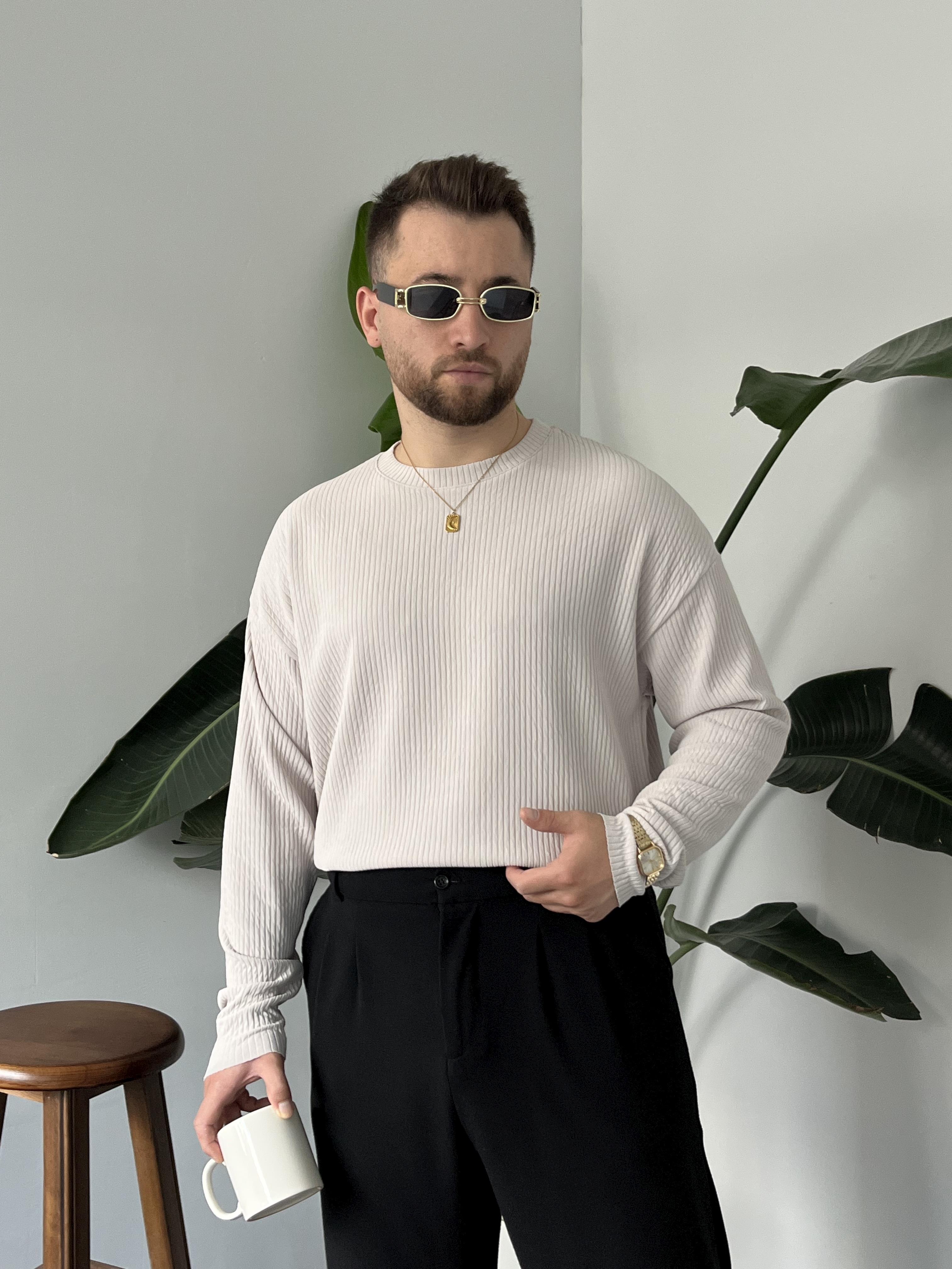 Açık Gri Fitilli Bisiklet Yaka Triko Sweat
