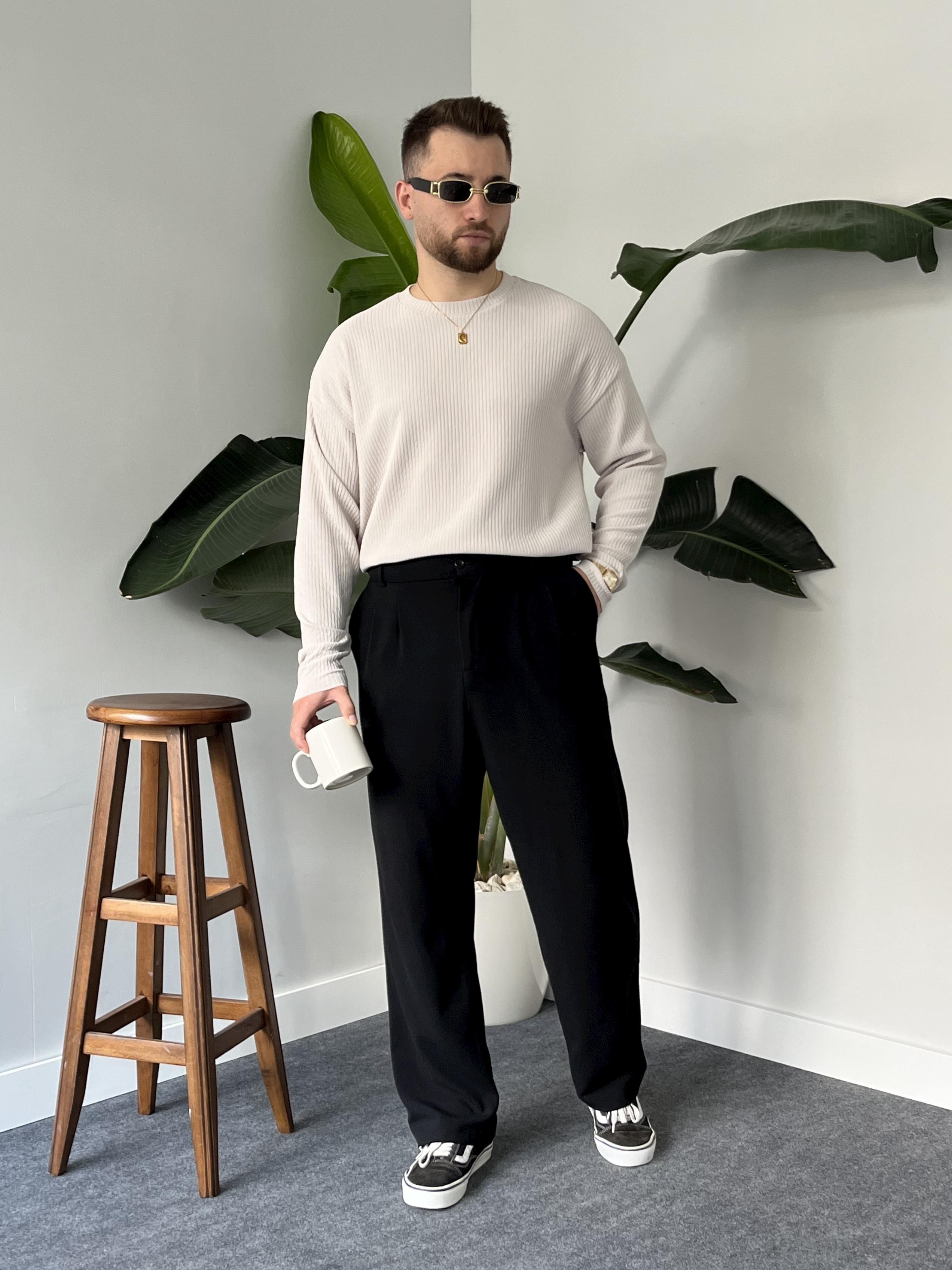 Açık Gri Fitilli Bisiklet Yaka Triko Sweat
