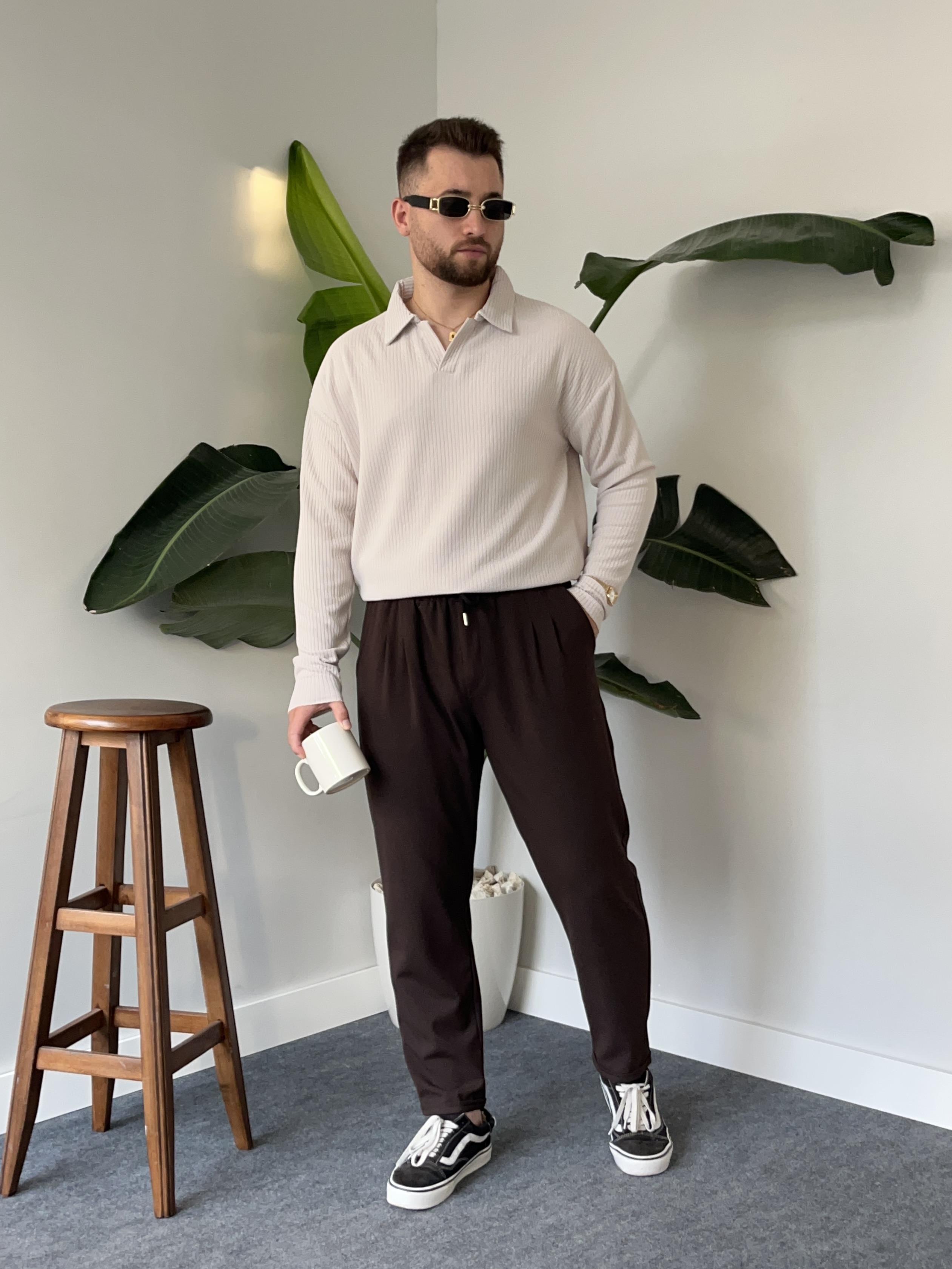 Açık Gri Fitilli Polo Yaka Triko Sweat