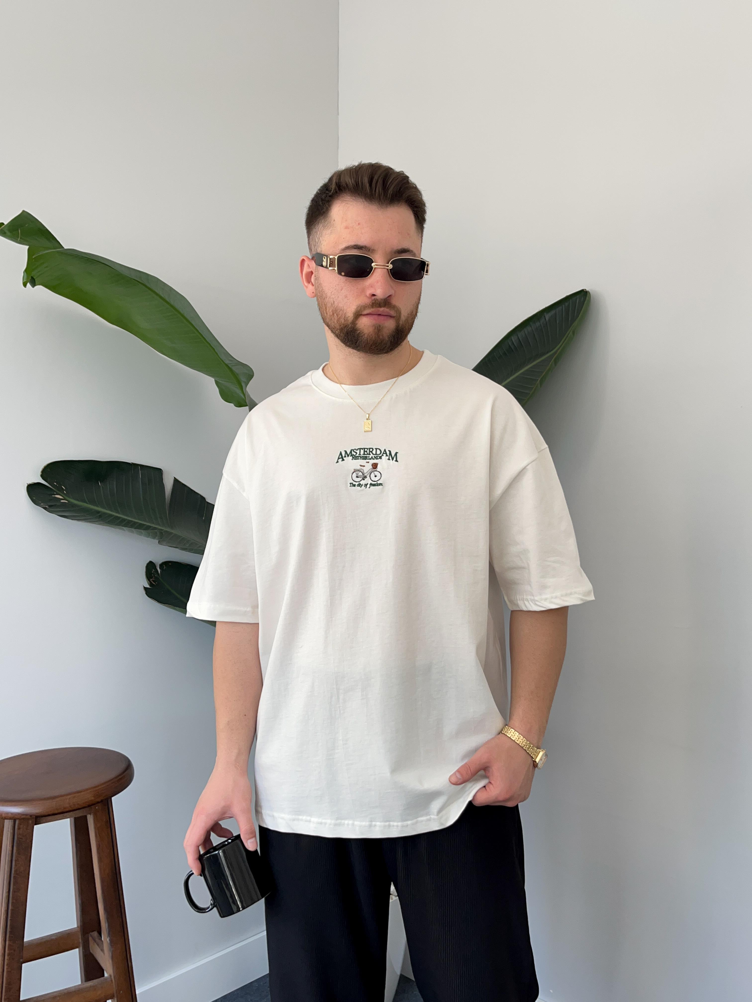 Amsterdam Nakışlı Ekru Oversize  T-shirt