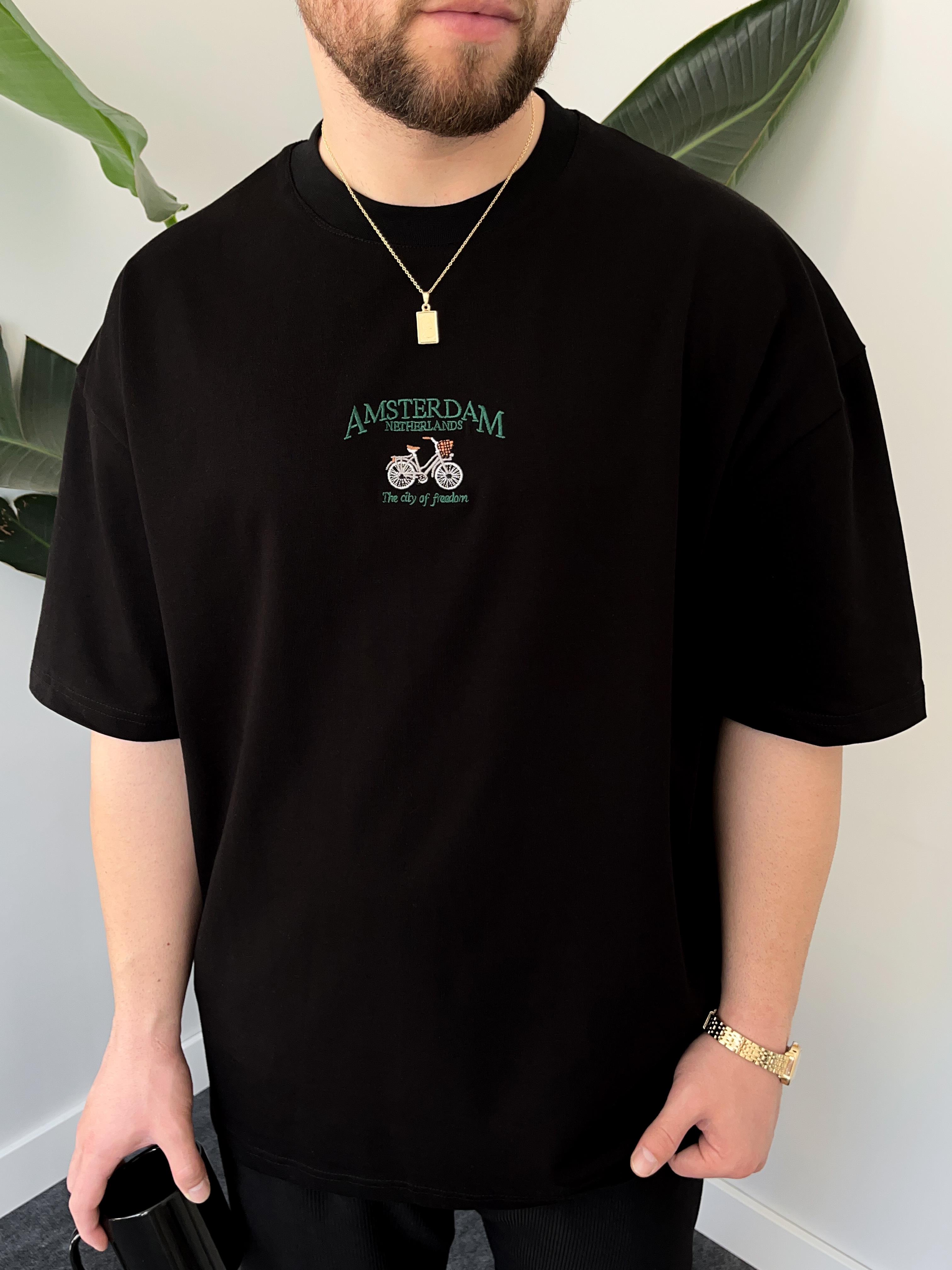 Amsterdam Nakışlı Siyah Oversize  T-shirt