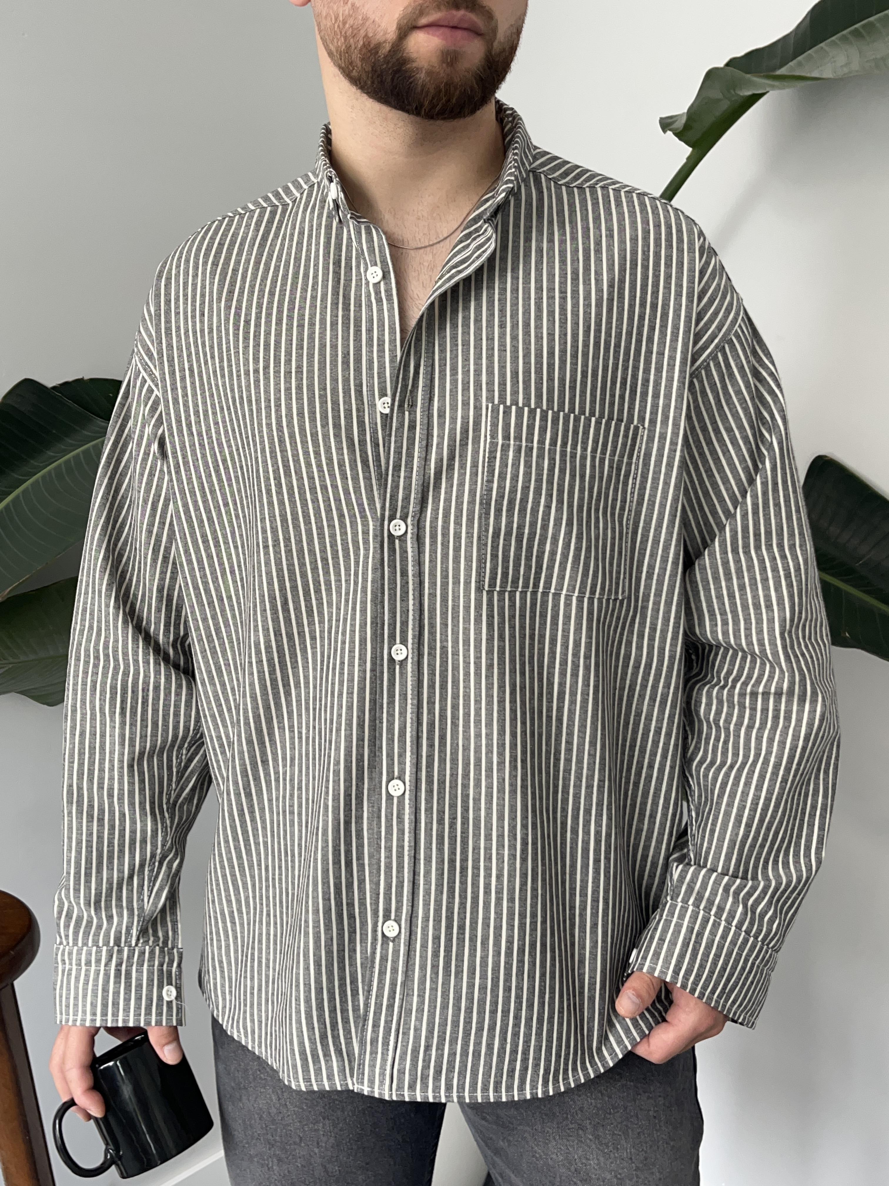 Antrasit Casual Çizgili Oversize Gömlek