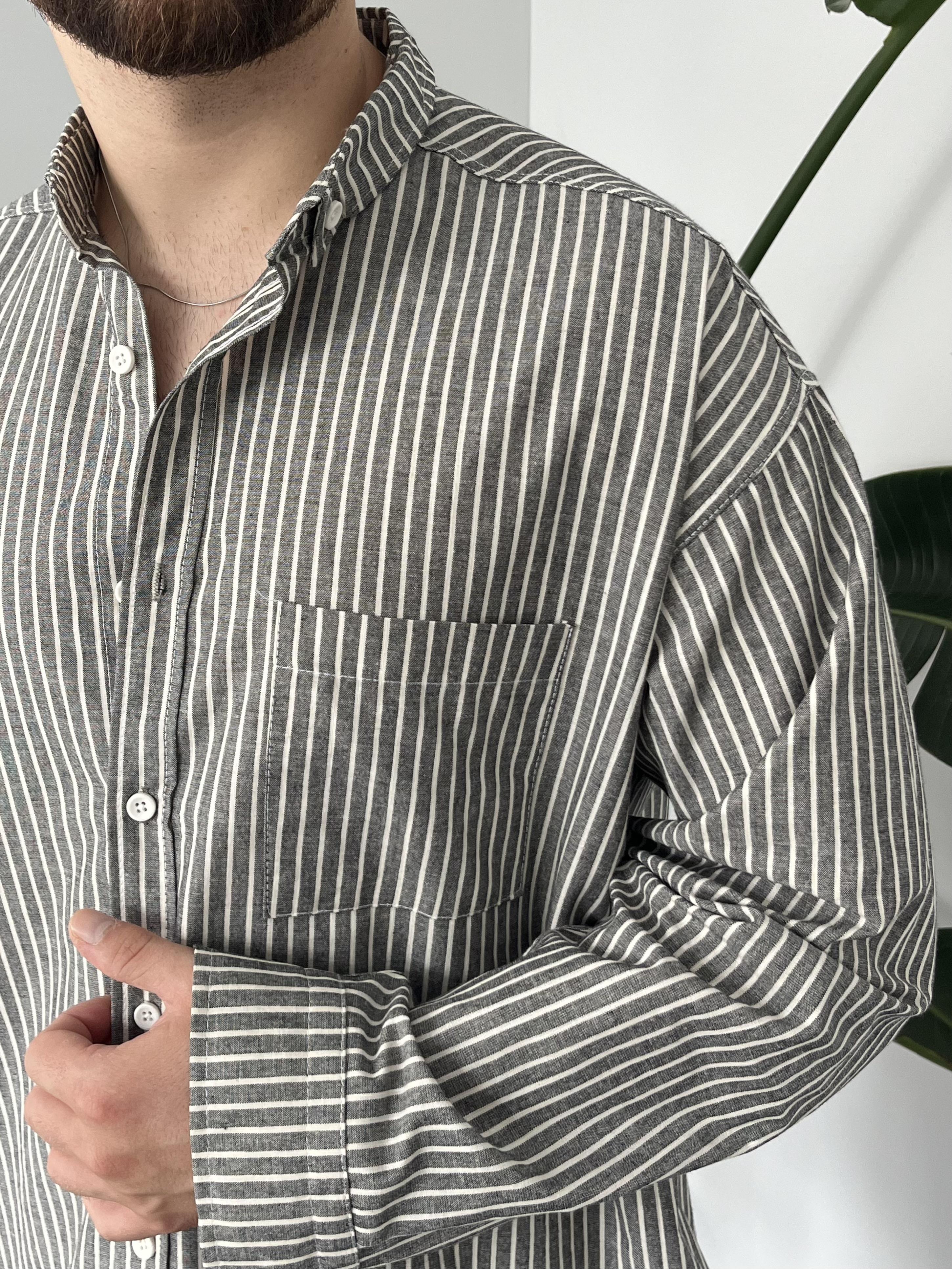 Antrasit Casual Çizgili Oversize Gömlek