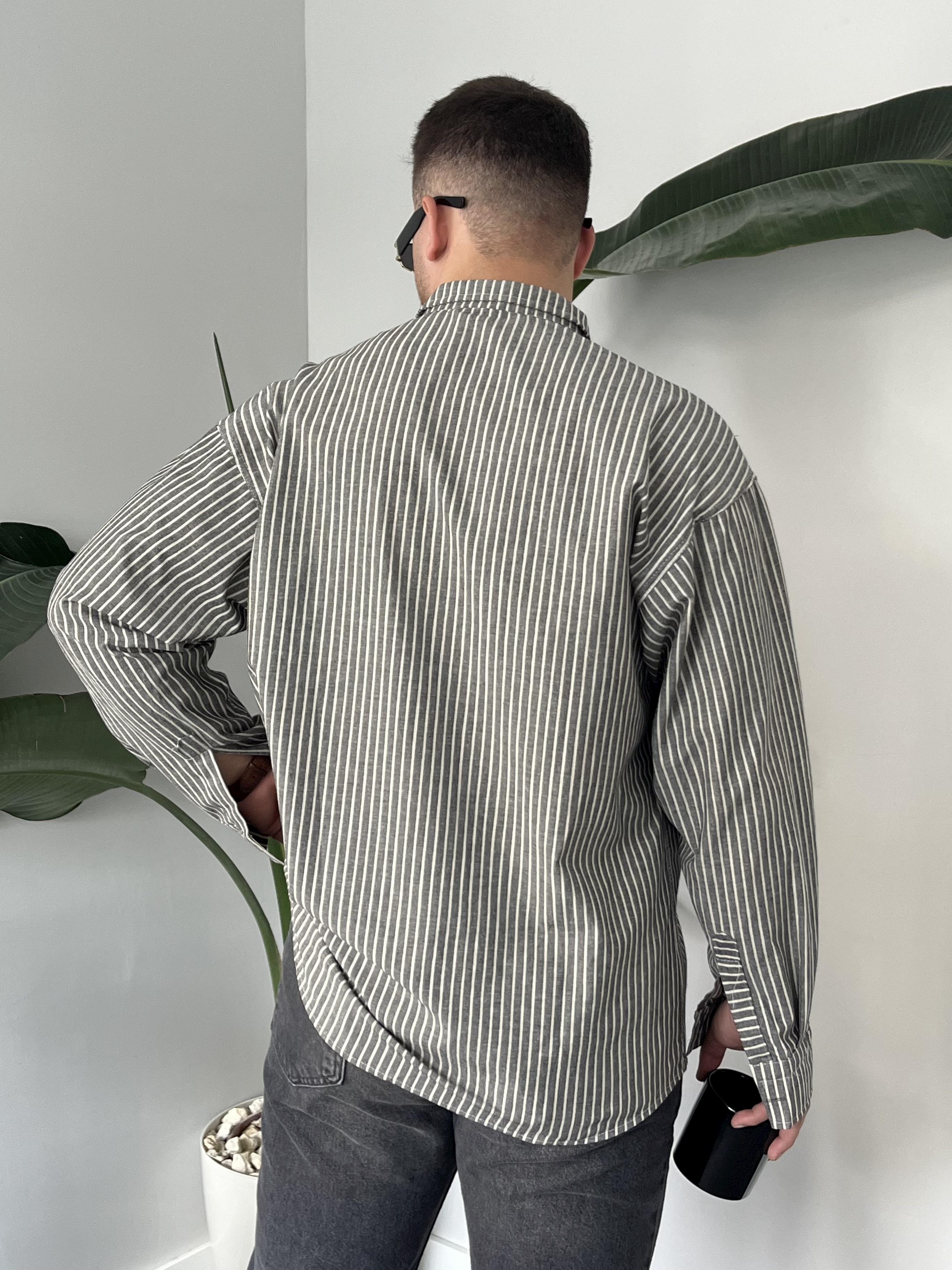 Antrasit Casual Çizgili Oversize Gömlek