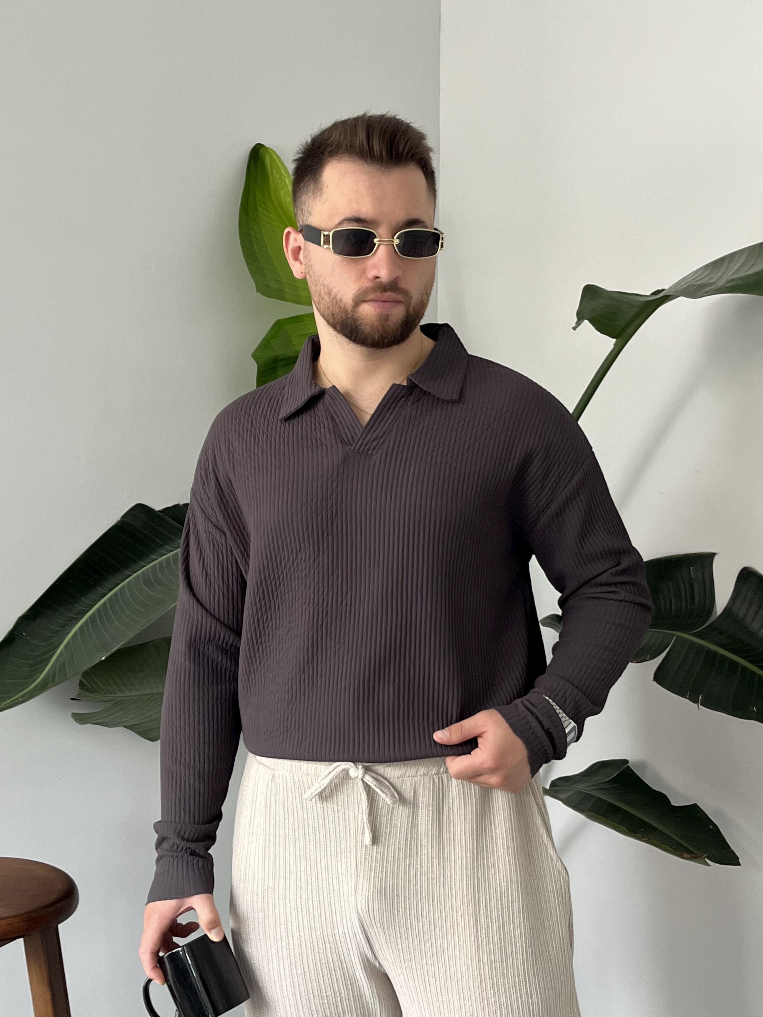 Antrasit Fitilli Polo Yaka Triko Sweat