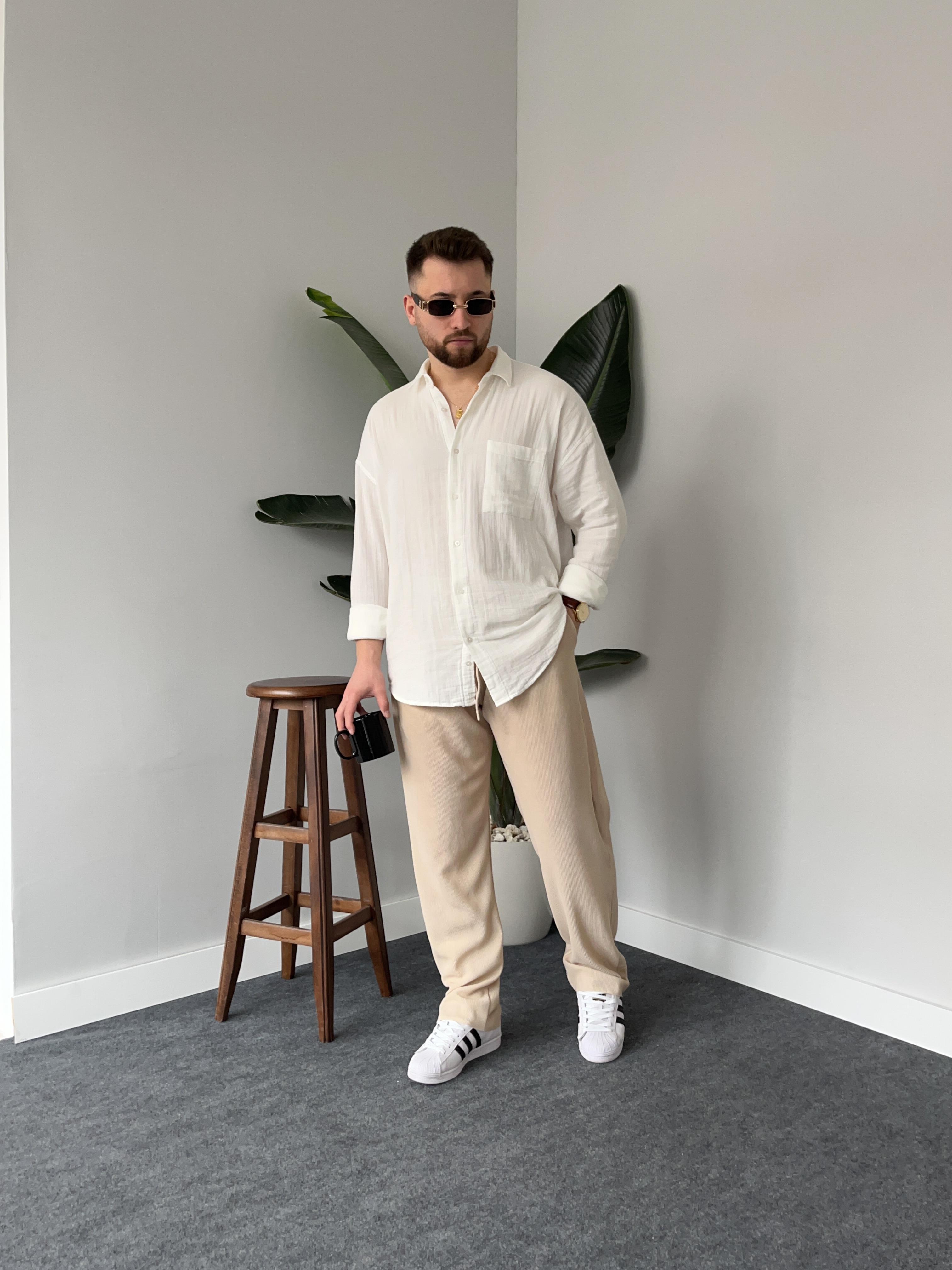 Bej Fitilli Baggy Pantolon