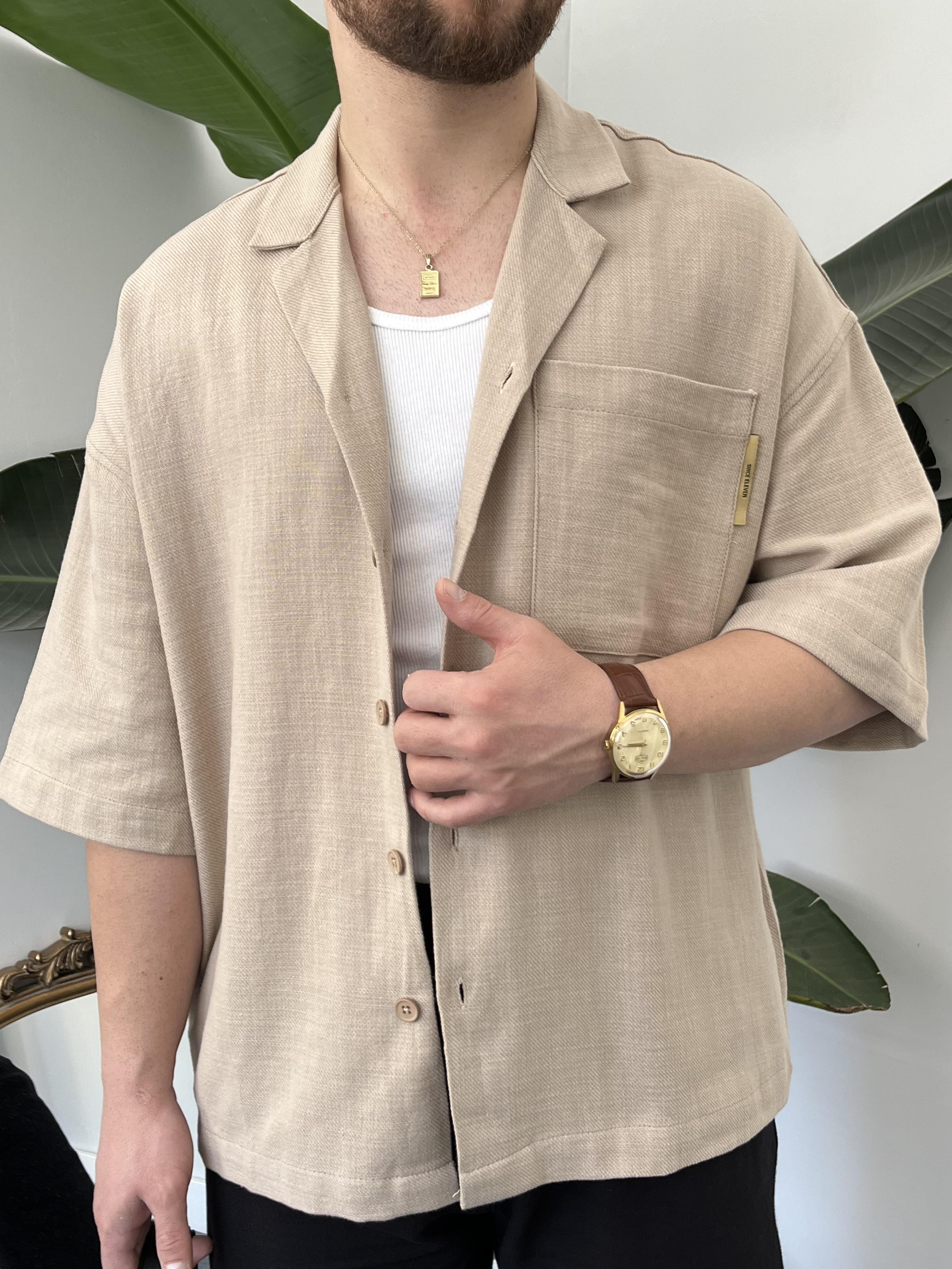 Bej Gabardin Oversize Gömlek