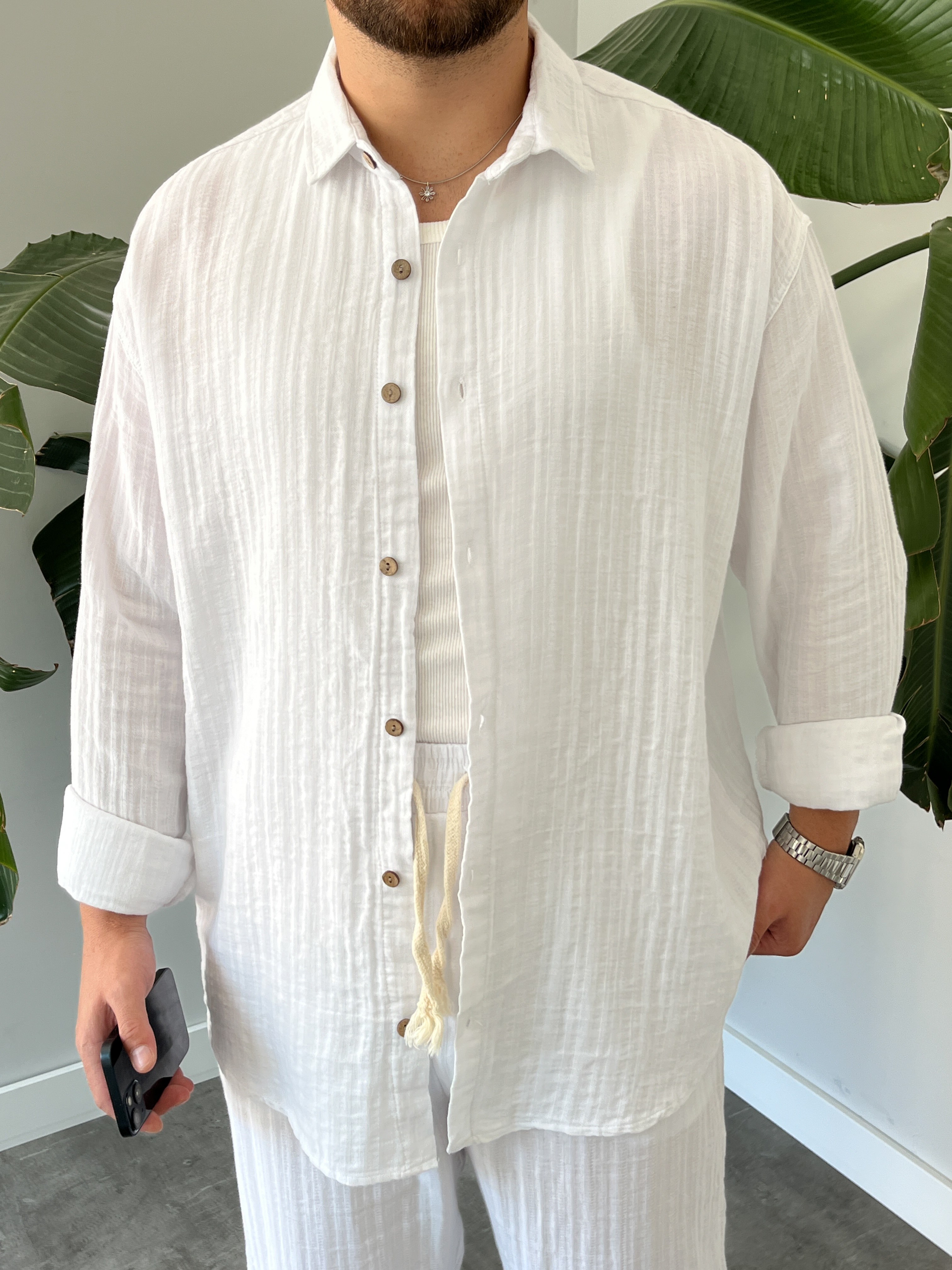 Beyaz Armürlü Müslin Oversize Takım