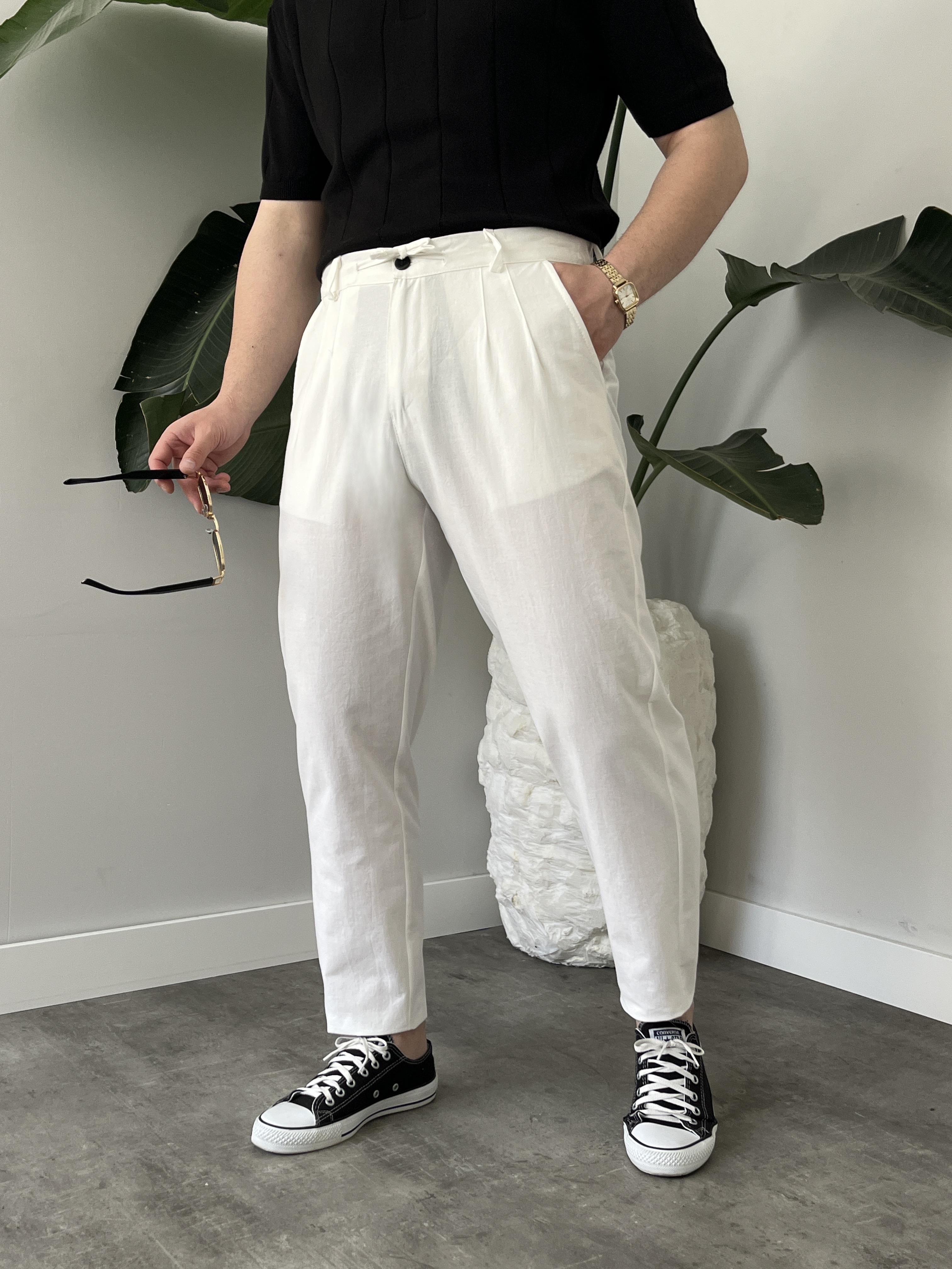 Beyaz Bağlama Detaylı Keten Boyfriend Pantolon
