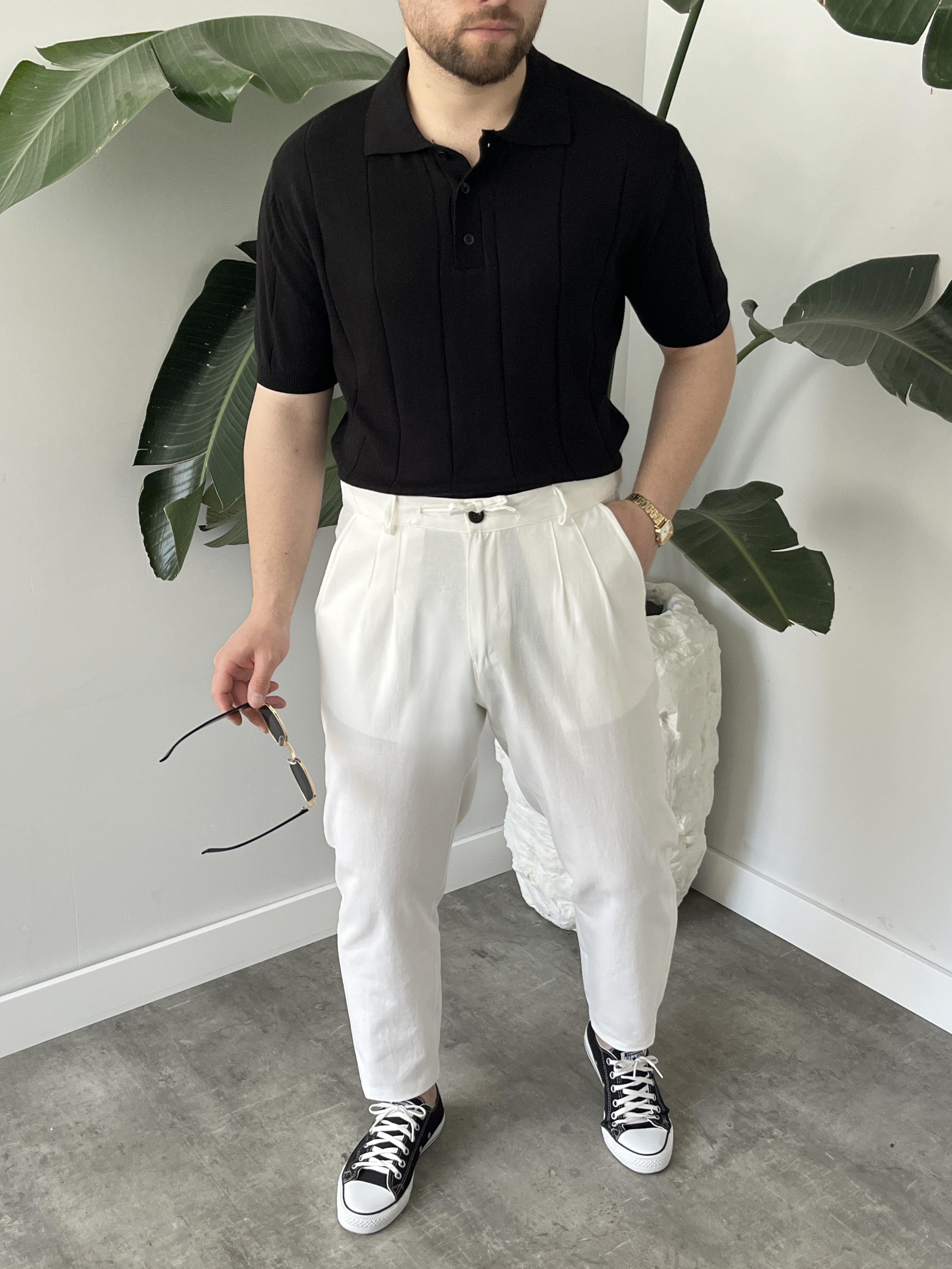 Beyaz Bağlama Detaylı Keten Boyfriend Pantolon