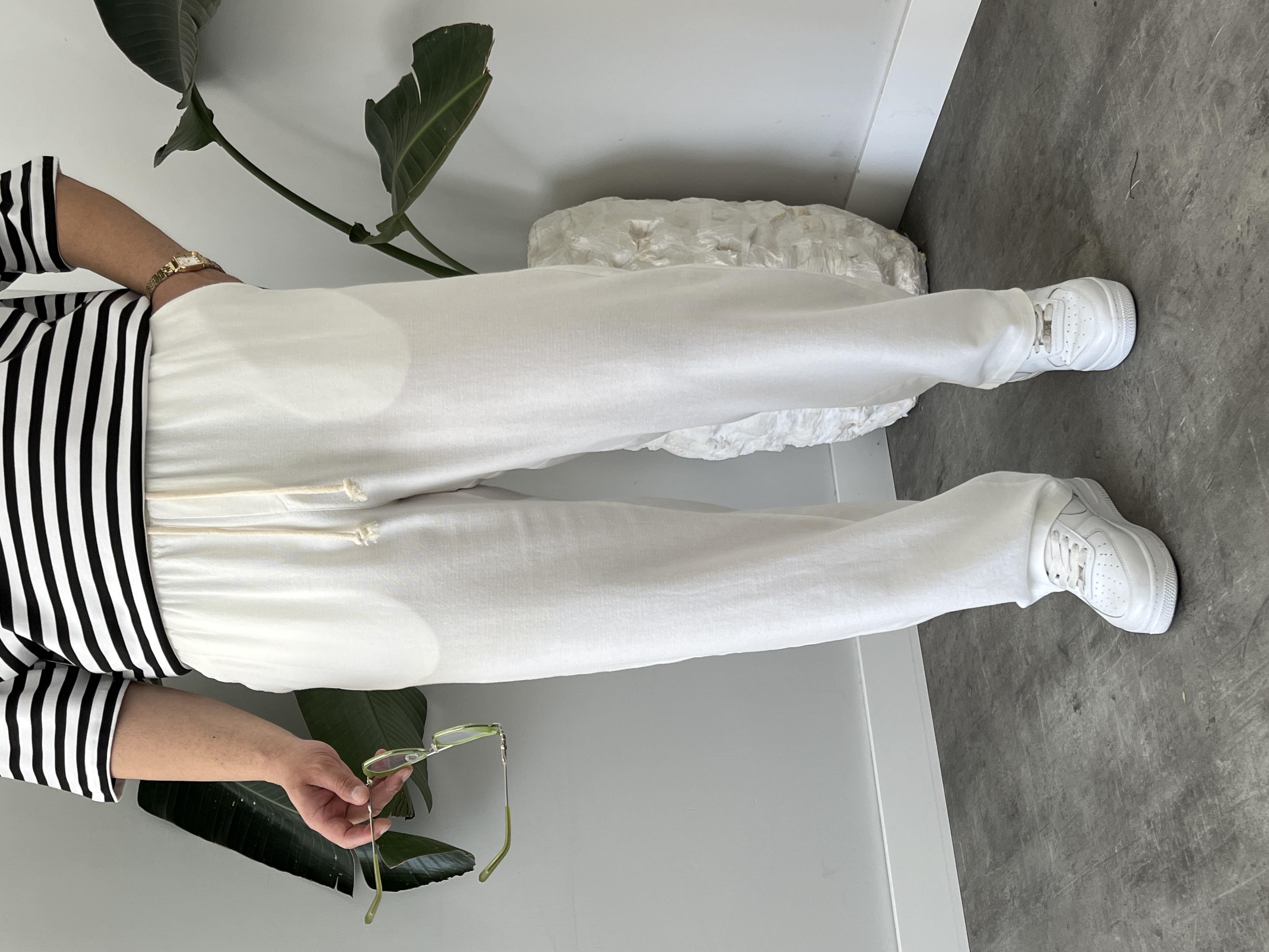 Beyaz Burgu Bağcık Detaylı Pamuk Keten Relax Fit Pantolon