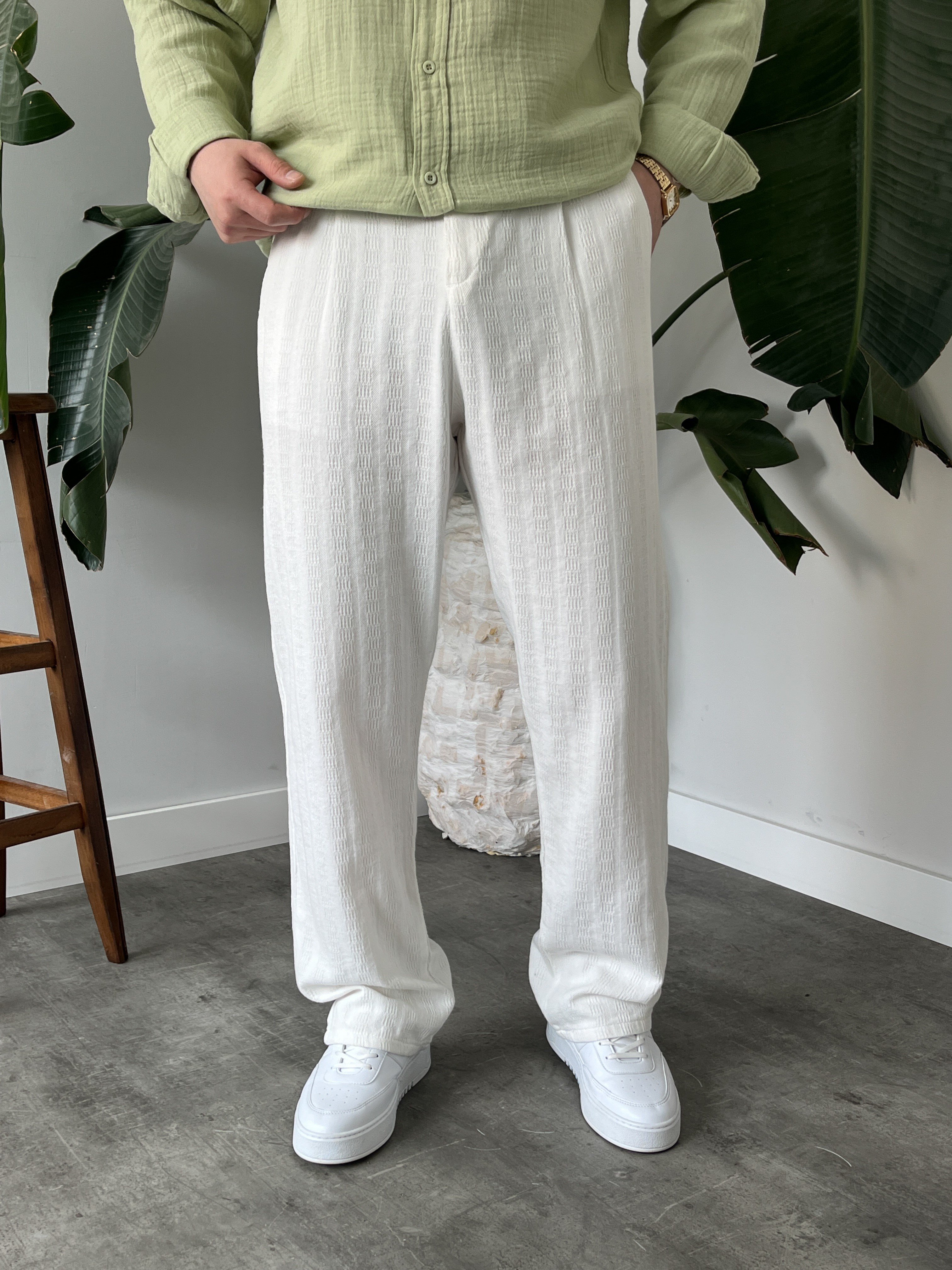 Beyaz Desenli Keten Baggy Pantolon