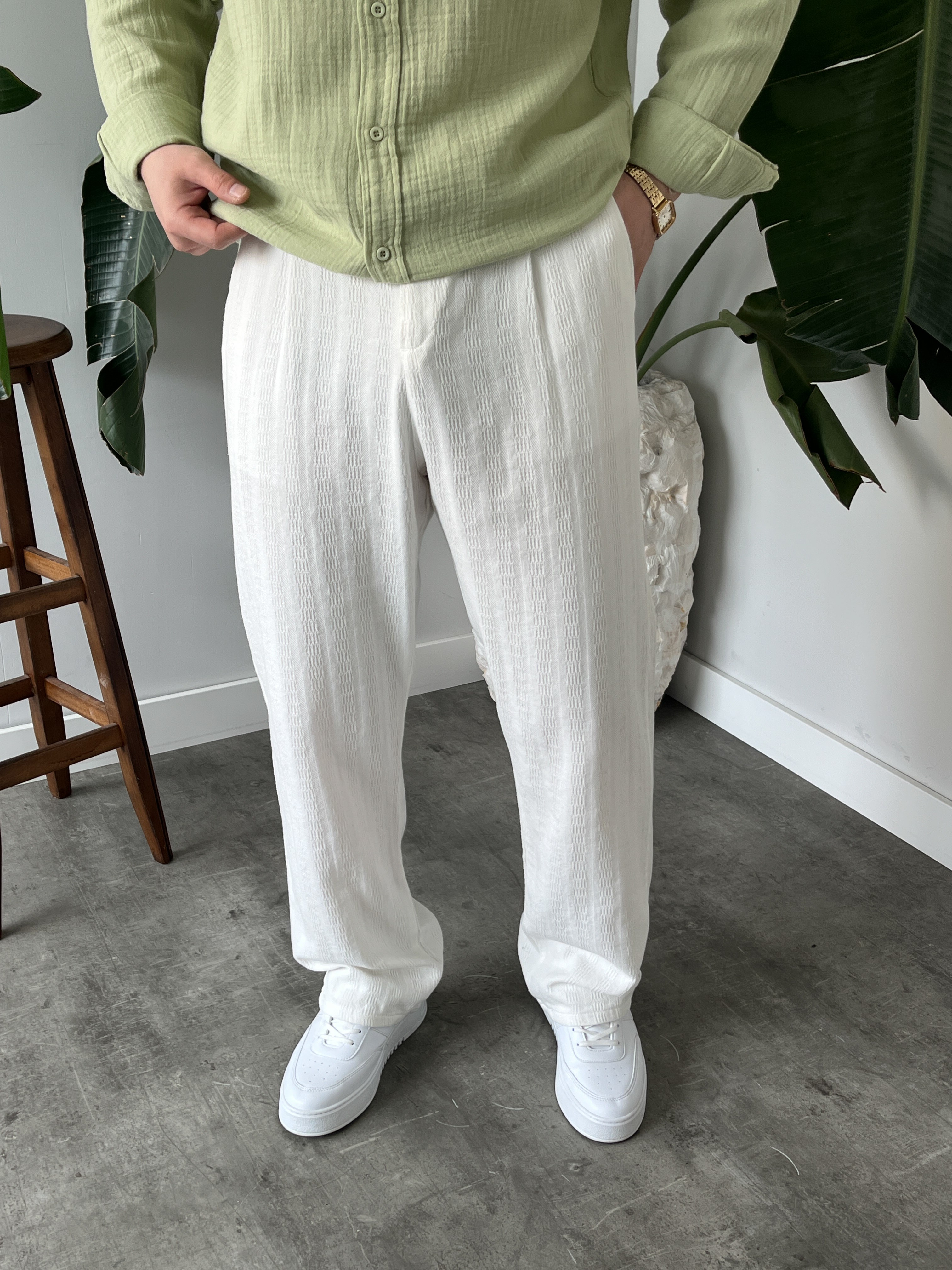 Beyaz Desenli Keten Baggy Pantolon