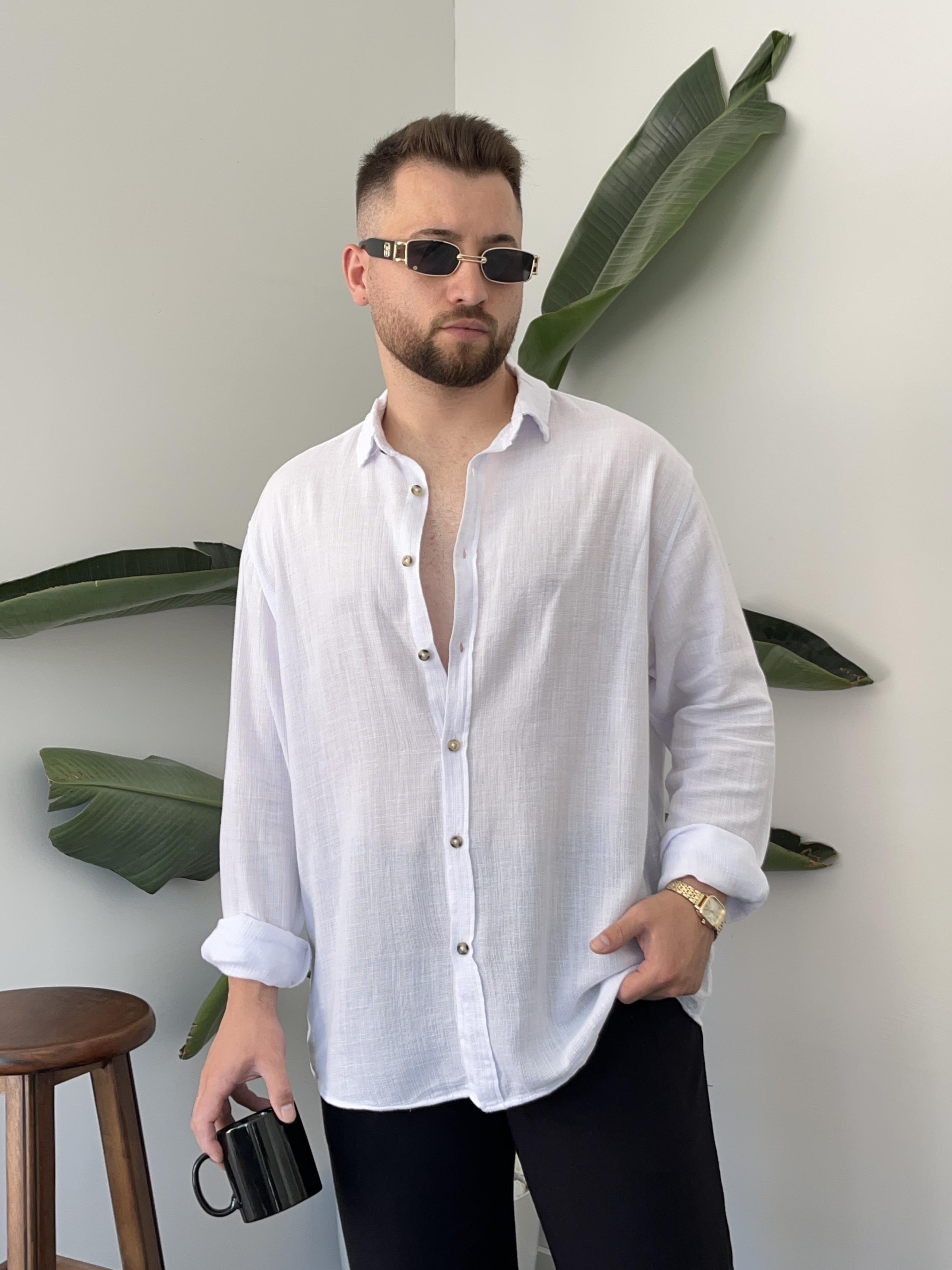 Beyaz Etamin Keten Oversize Gömlek
