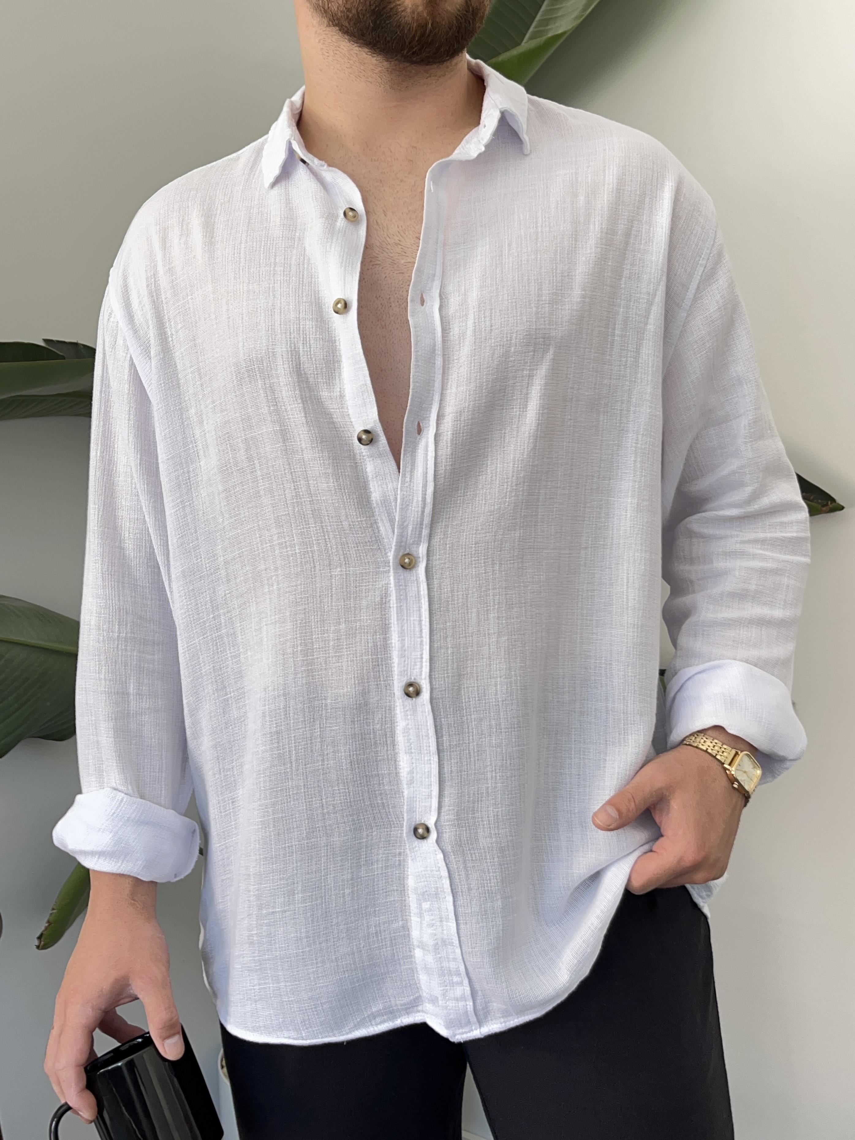 Beyaz Etamin Keten Oversize Gömlek