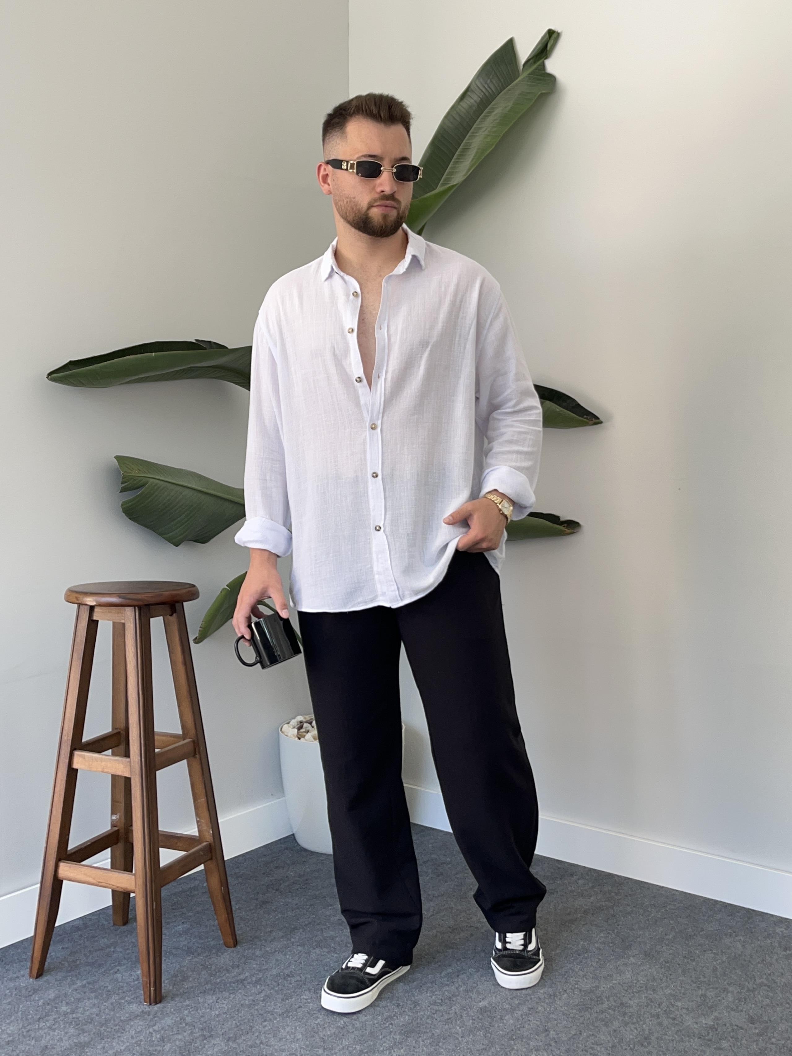 Beyaz Etamin Keten Oversize Gömlek