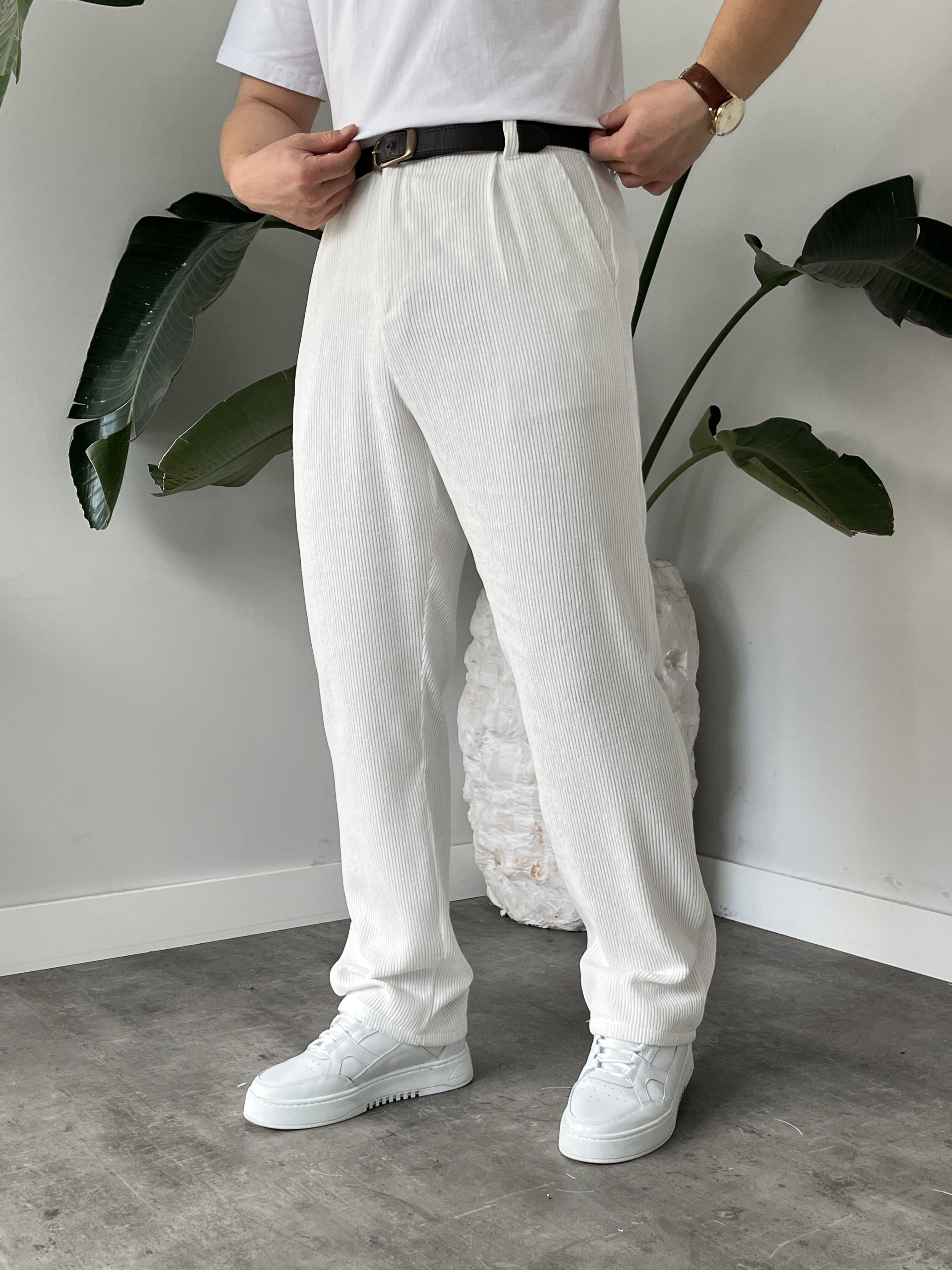 Beyaz Fitilli Kadife Baggy Pantolon