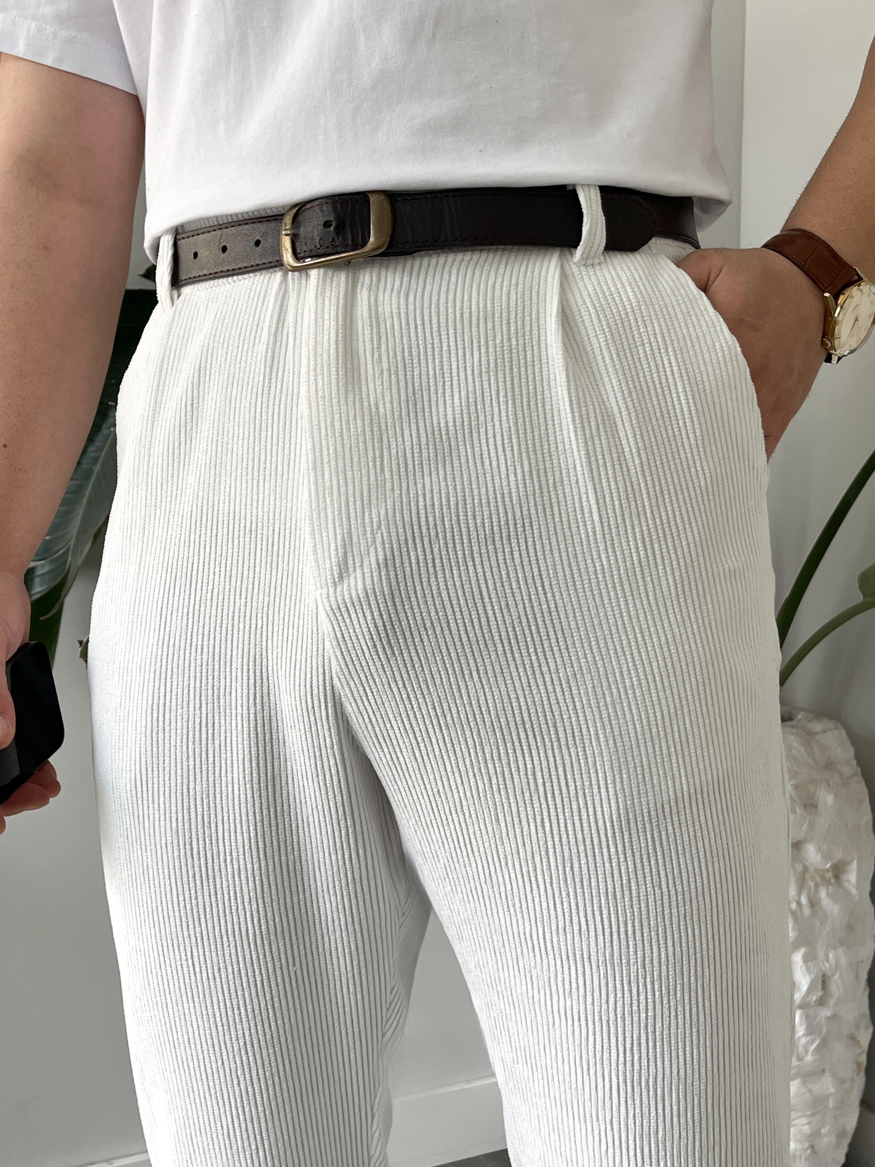 Beyaz Fitilli Kadife Baggy Pantolon
