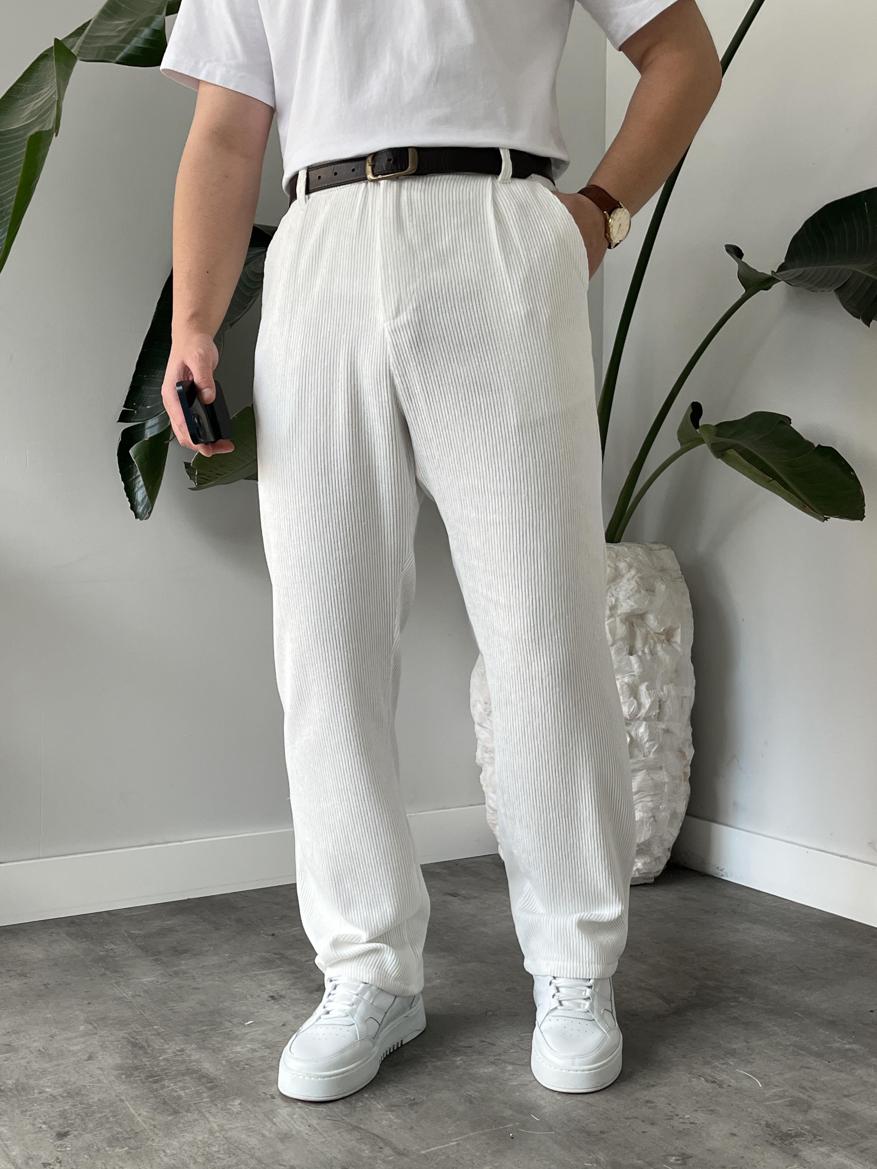 Beyaz Fitilli Kadife Baggy Pantolon