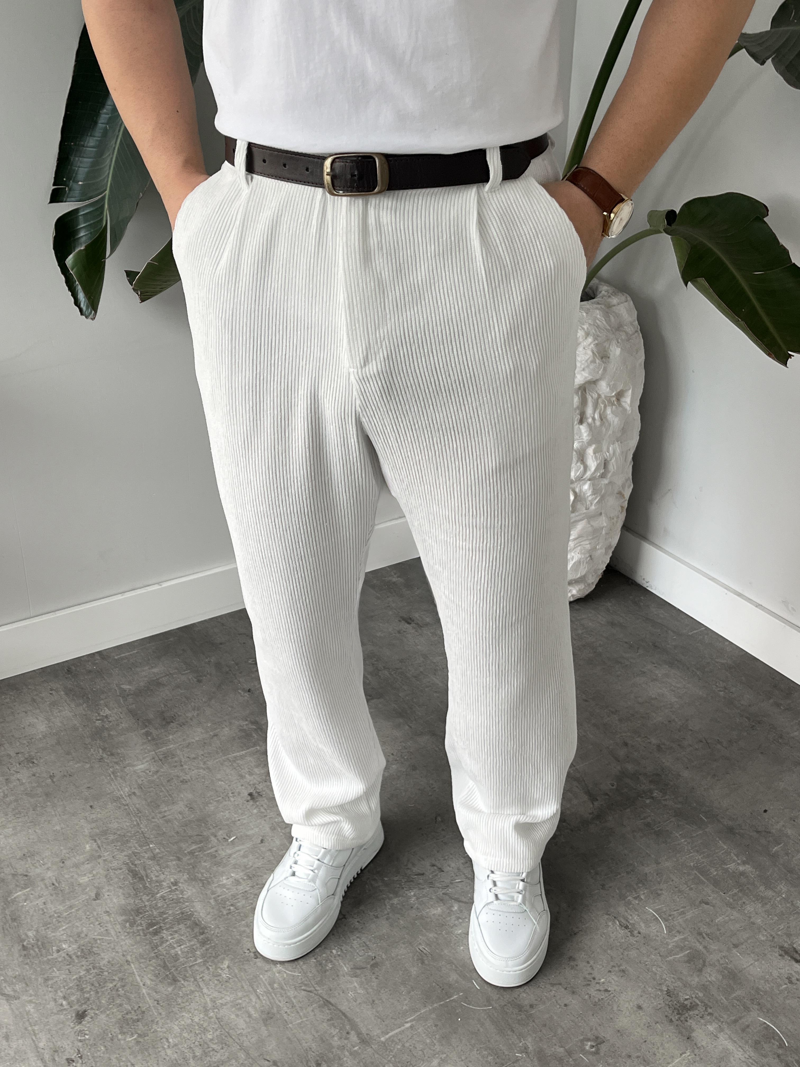 Beyaz Fitilli Kadife Baggy Pantolon
