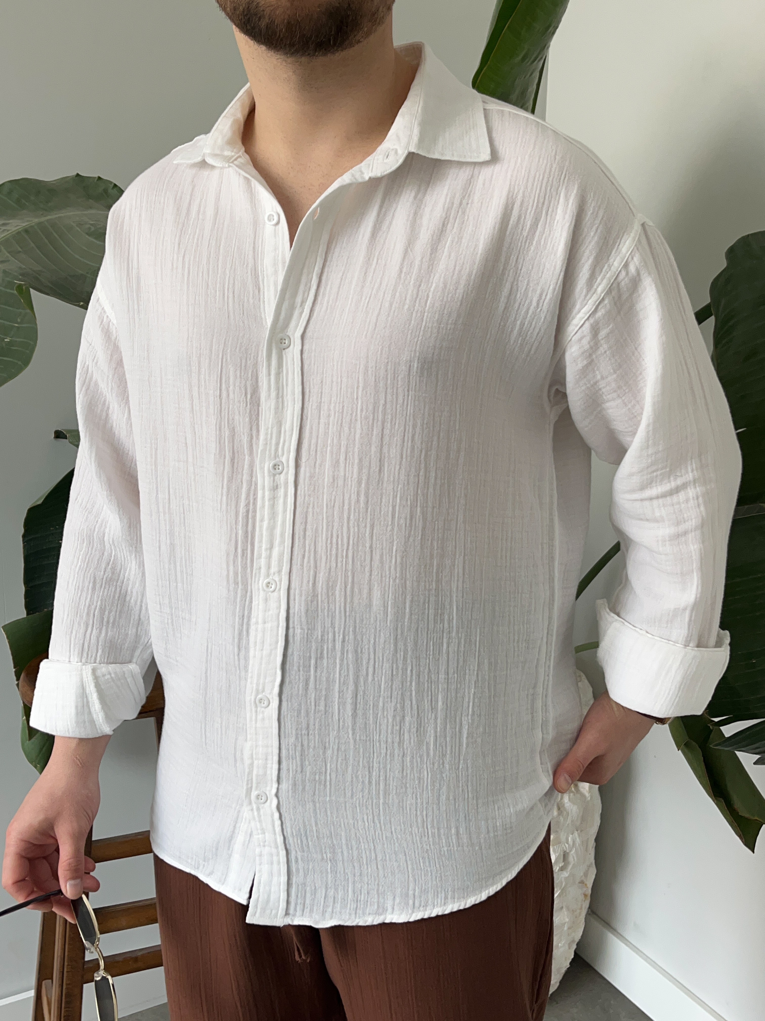 Beyaz Premium Müslin Dokulu Oversize Gömlek