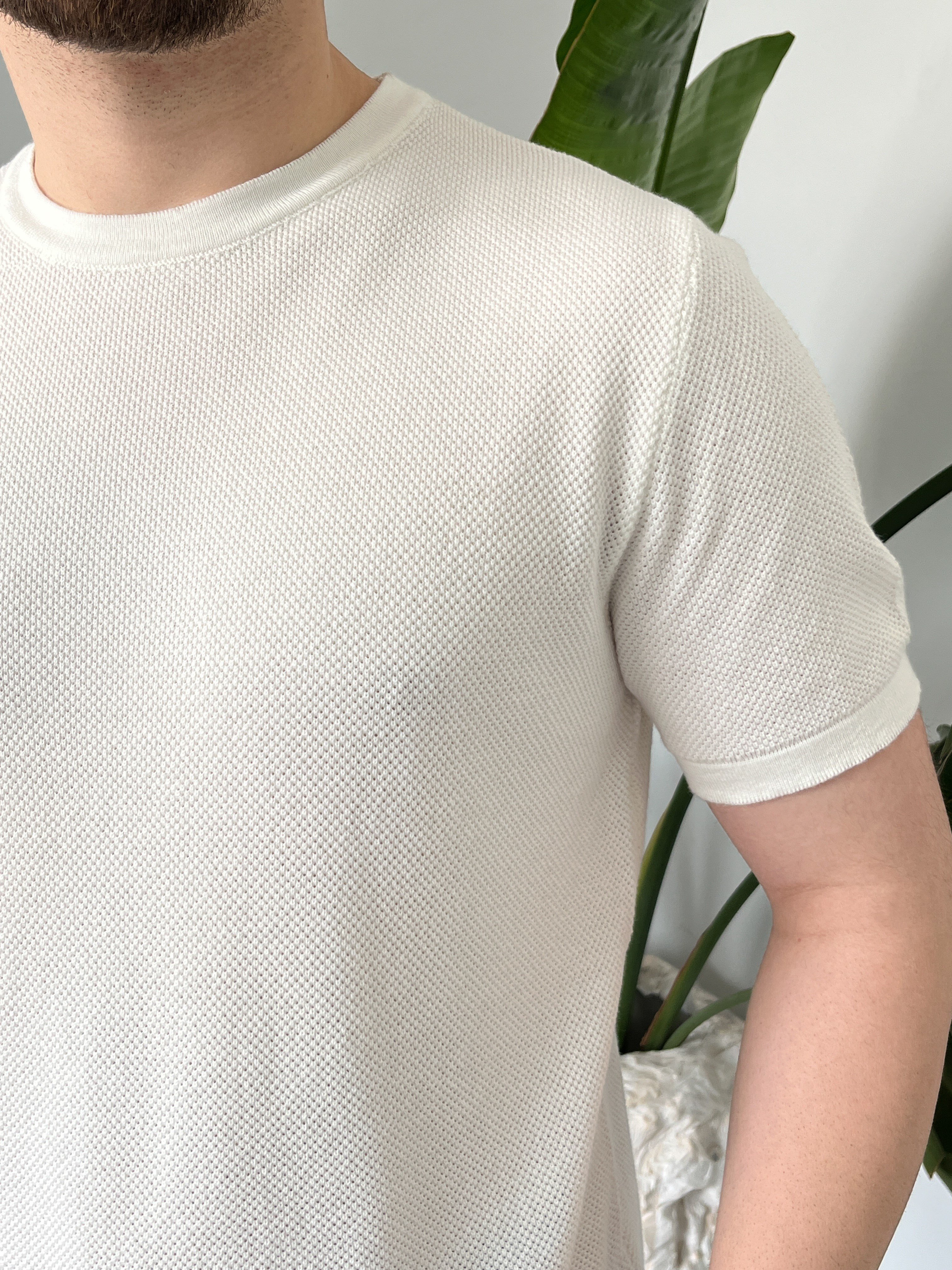 Beyaz Pirinç Örgü Triko T-shirt