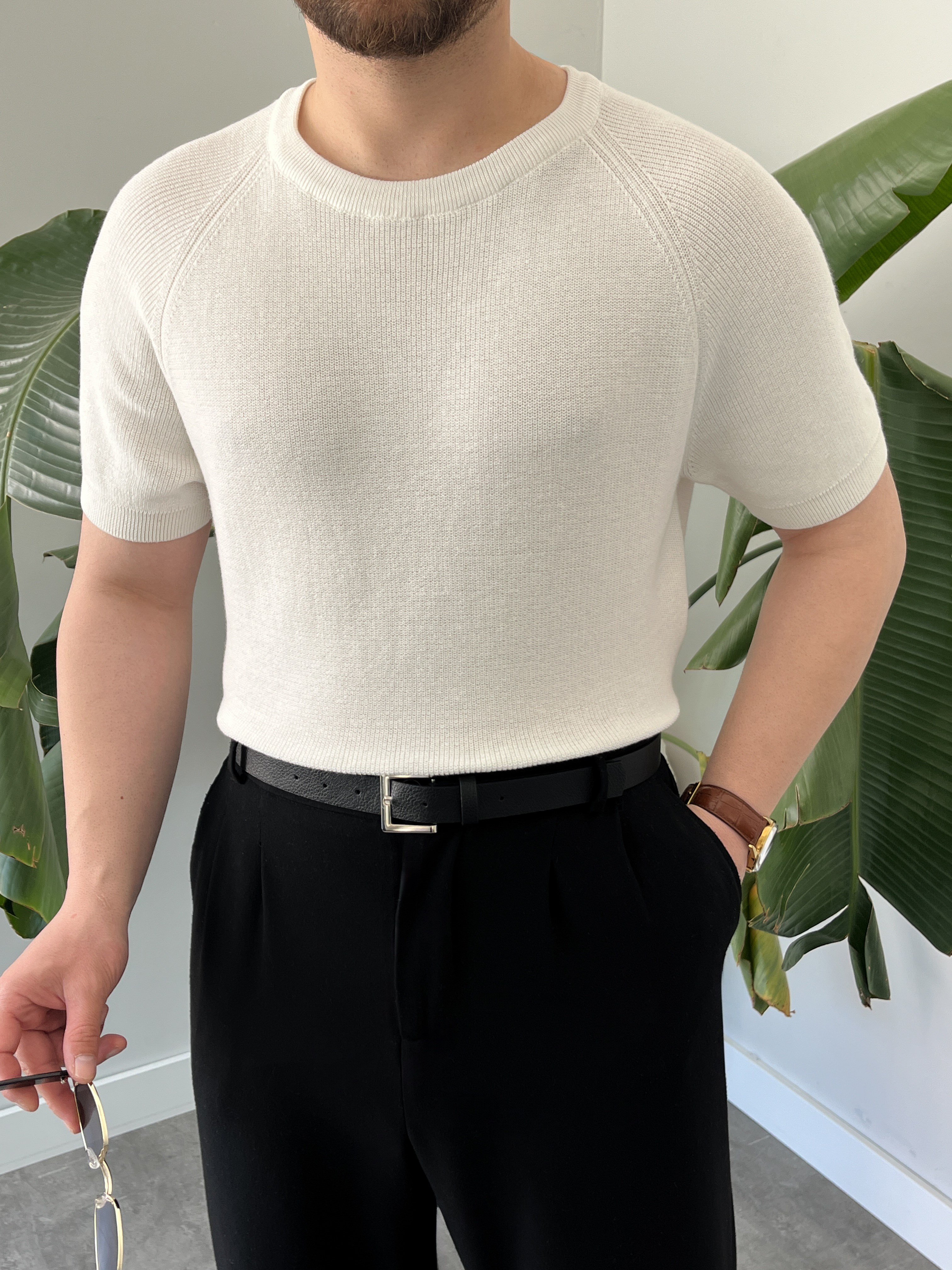 Beyaz Raglan Detay Basic Triko