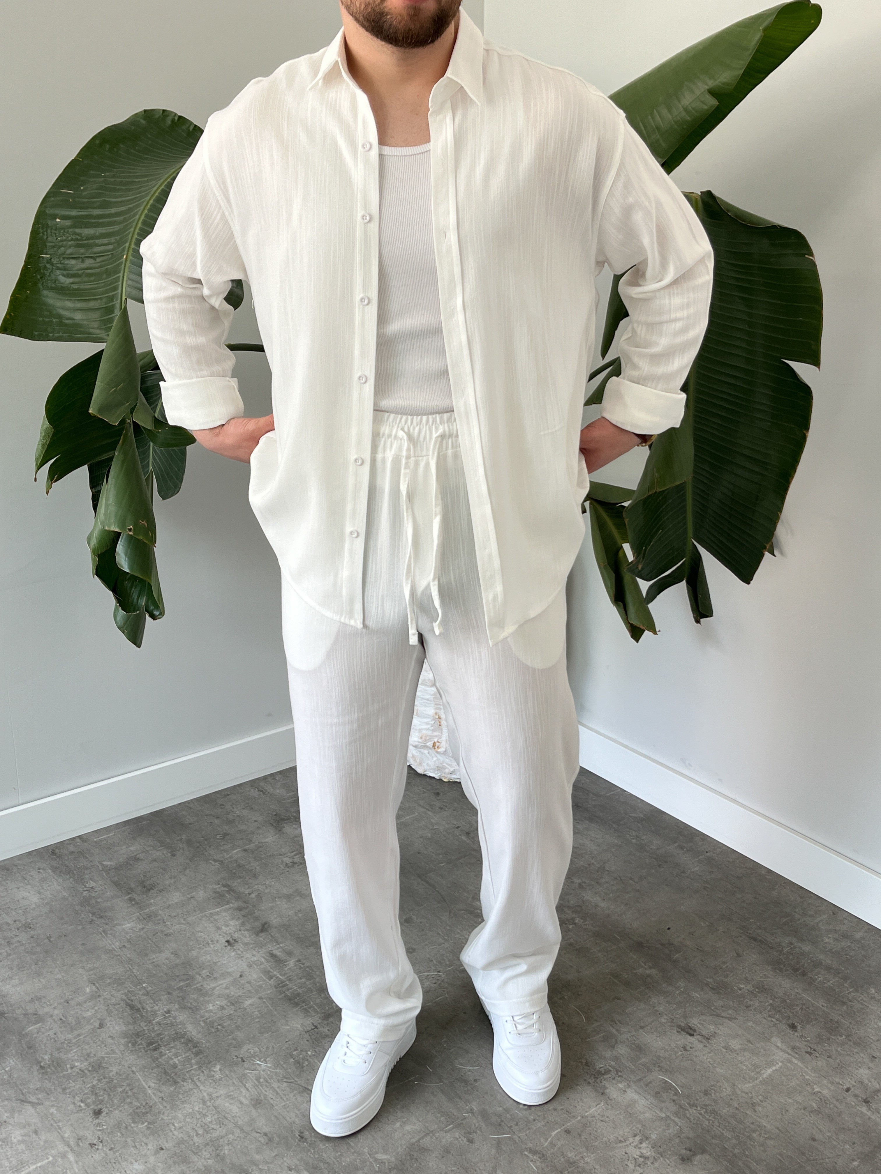Beyaz Serra Keten Oversize Takım