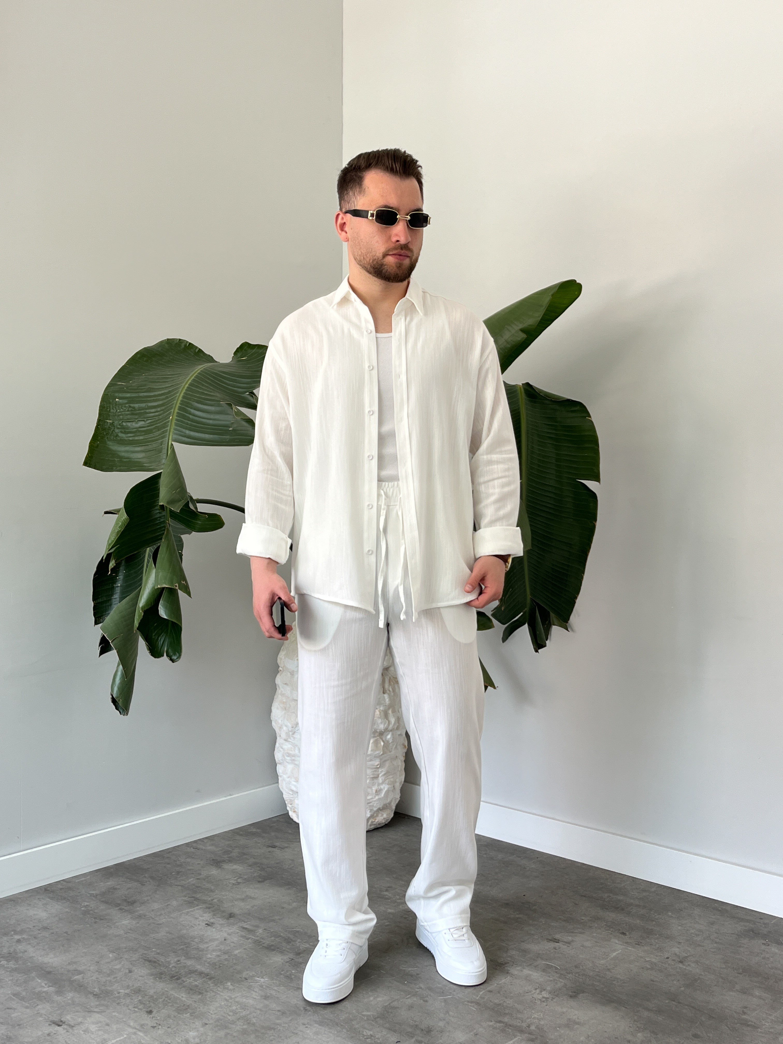 Beyaz Serra Keten Oversize Takım