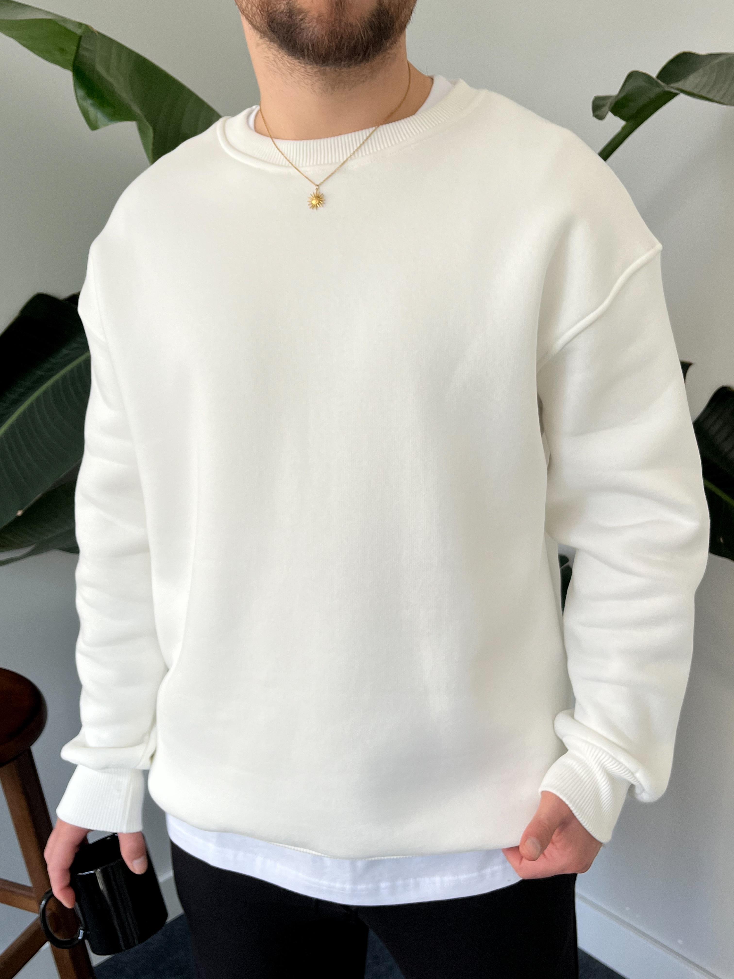 Beyaz Üç İplik Şardonlu Basic Sweatshirt